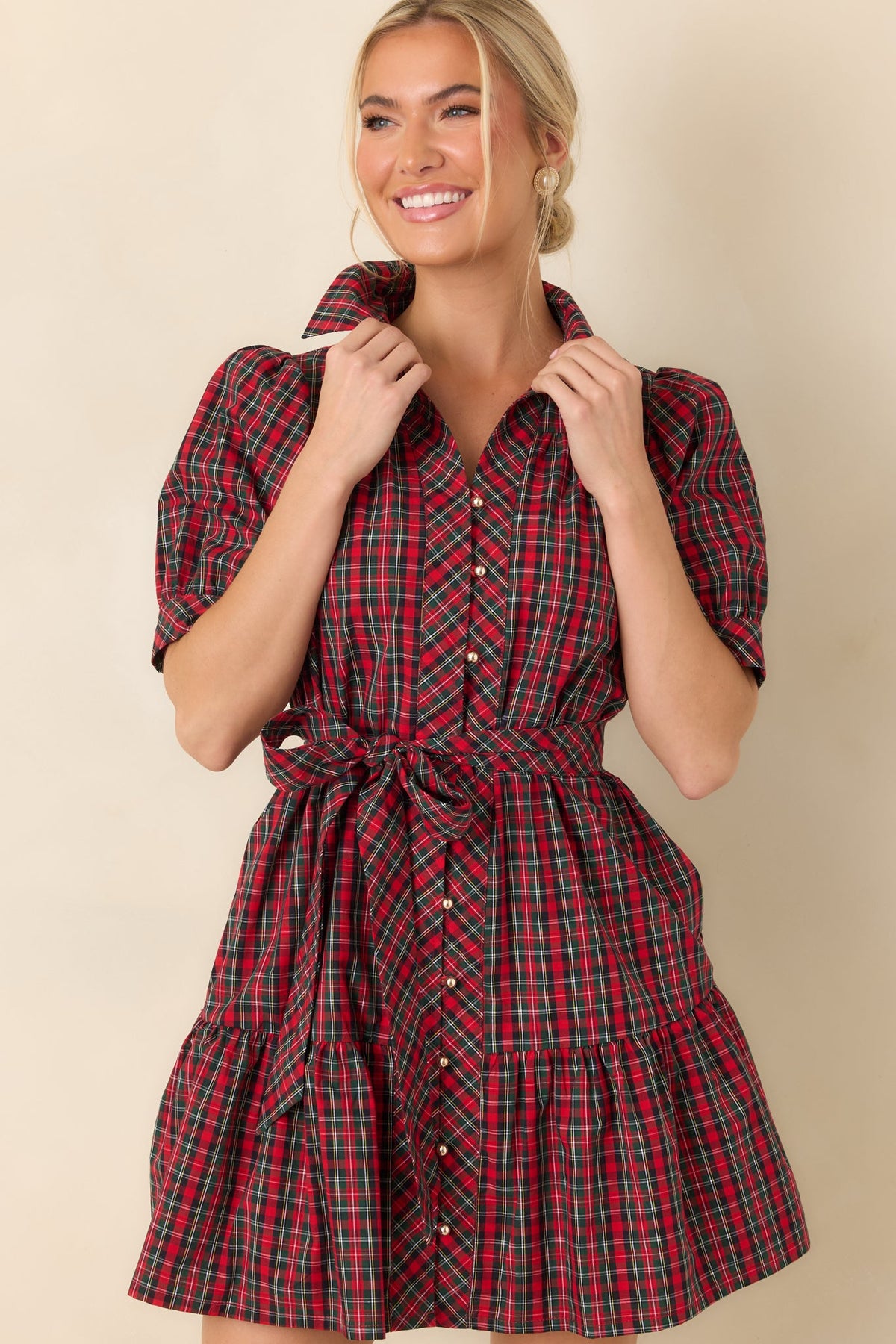 Glad We Made Plans Red & Green Tartan Plaid Cotton Mini Dress