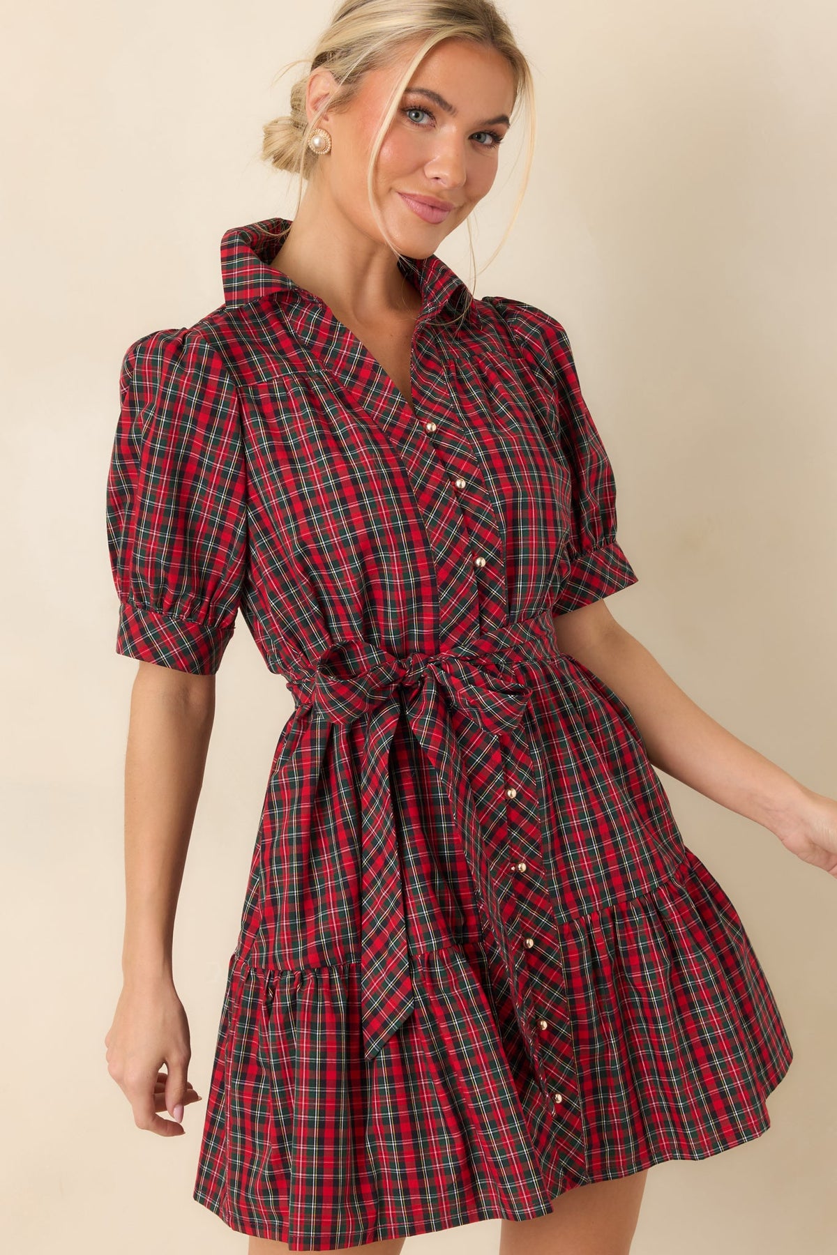 Glad We Made Plans Red & Green Tartan Plaid Cotton Mini Dress