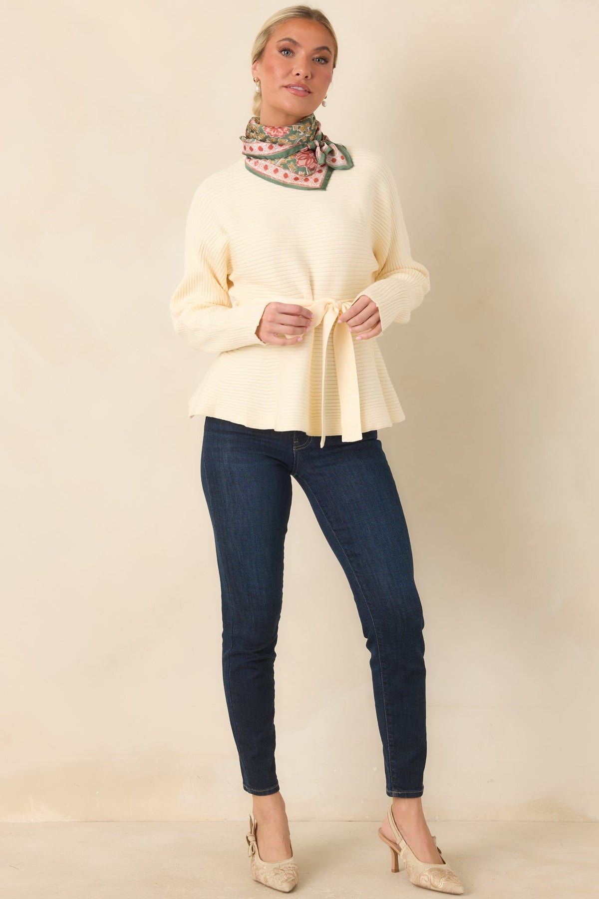 Consider It a Compliment Ecru Tie Waist Mock Neck Sweater