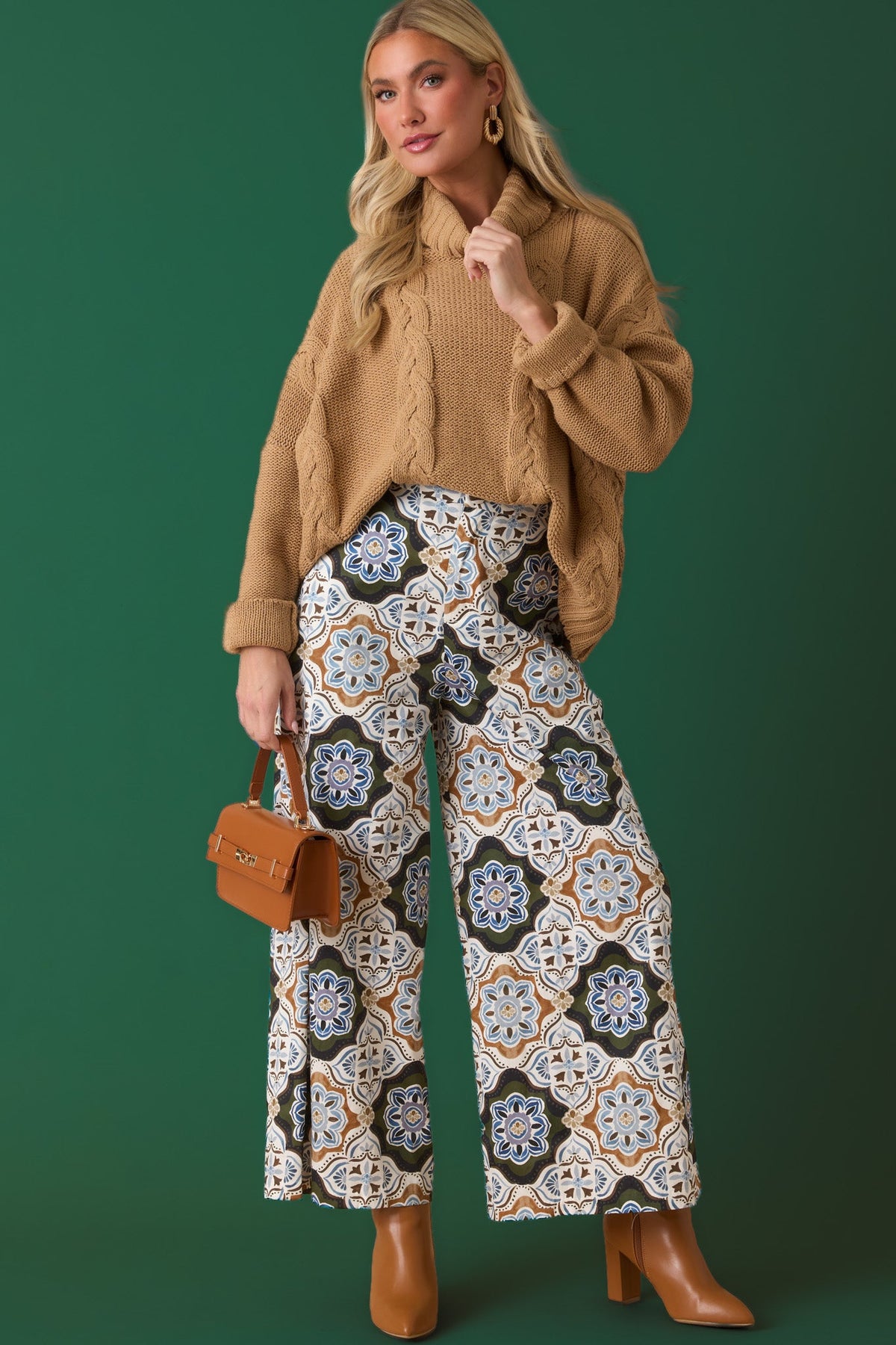 Prosperina Barrett Olive Multi Medallion Print Cropped Wide Leg Pants