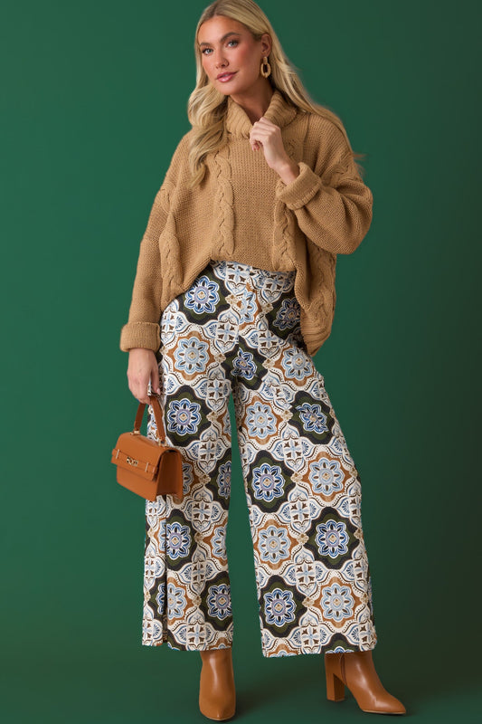 Prosperina Barrett Olive Multi Medallion Print Cropped Wide Leg Pants