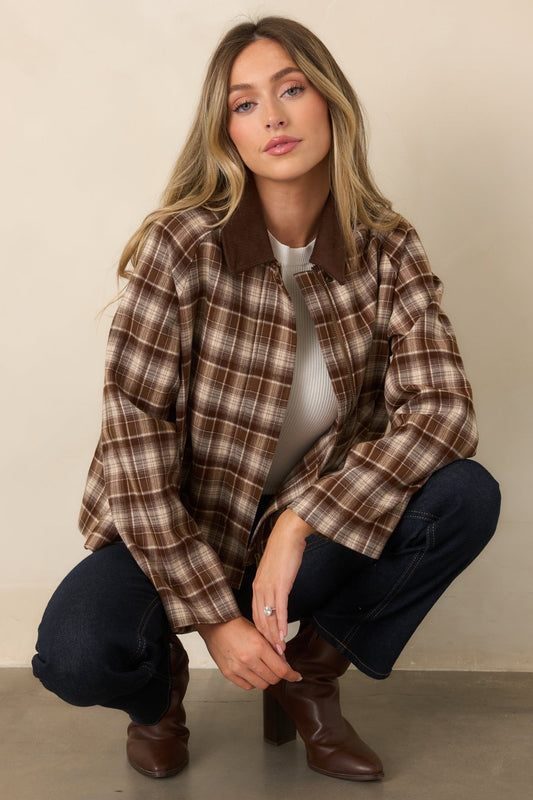 Winding Roads Brown Plaid Zip Up Jacket