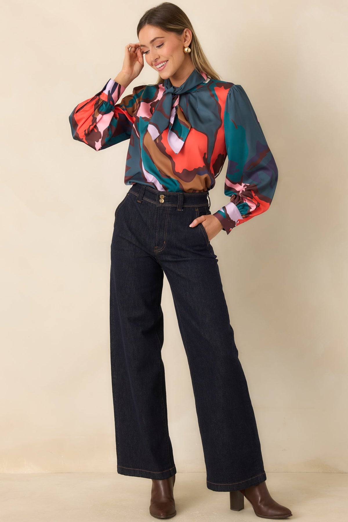 CROSBY Estelle Teal Multi Abstract Leaf Print Tie Neck Blouse