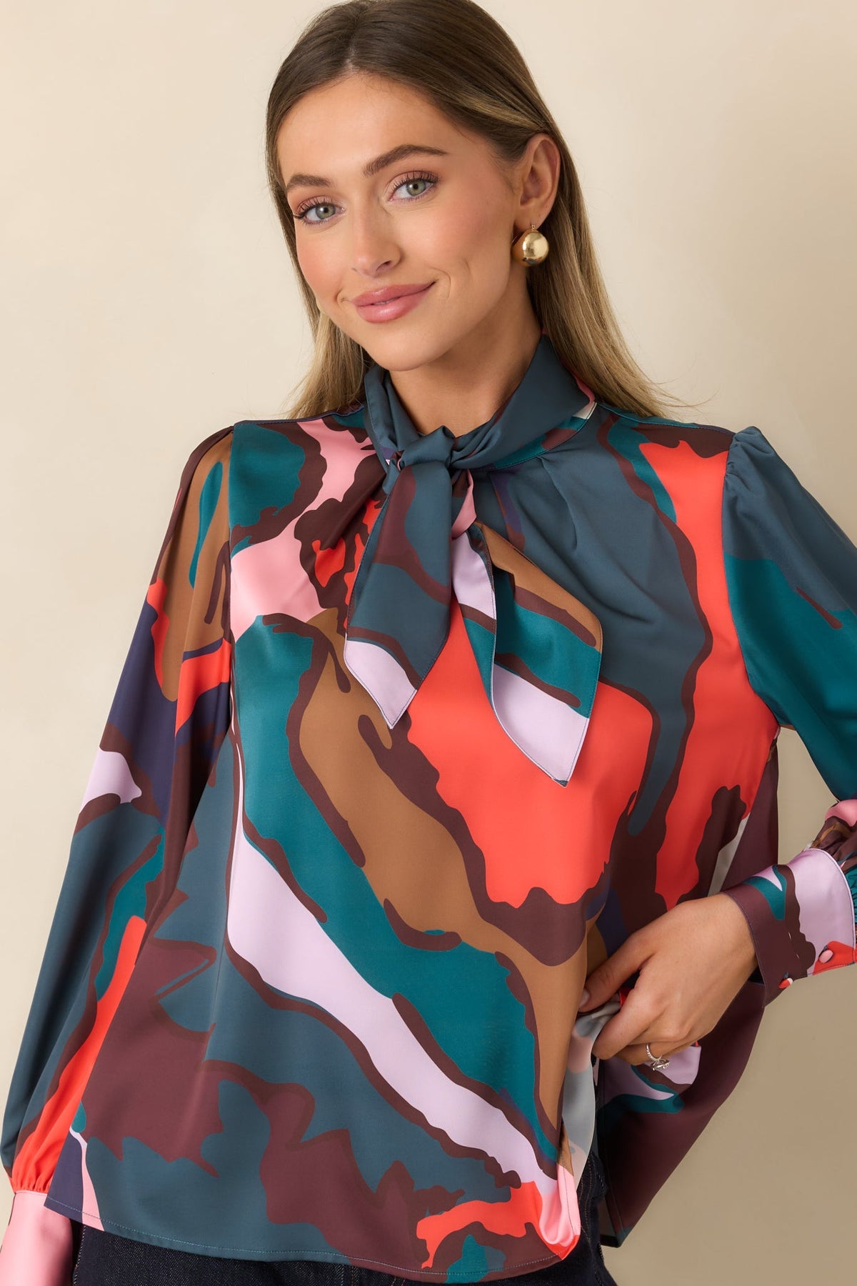 CROSBY Estelle Teal Multi Abstract Leaf Print Tie Neck Blouse