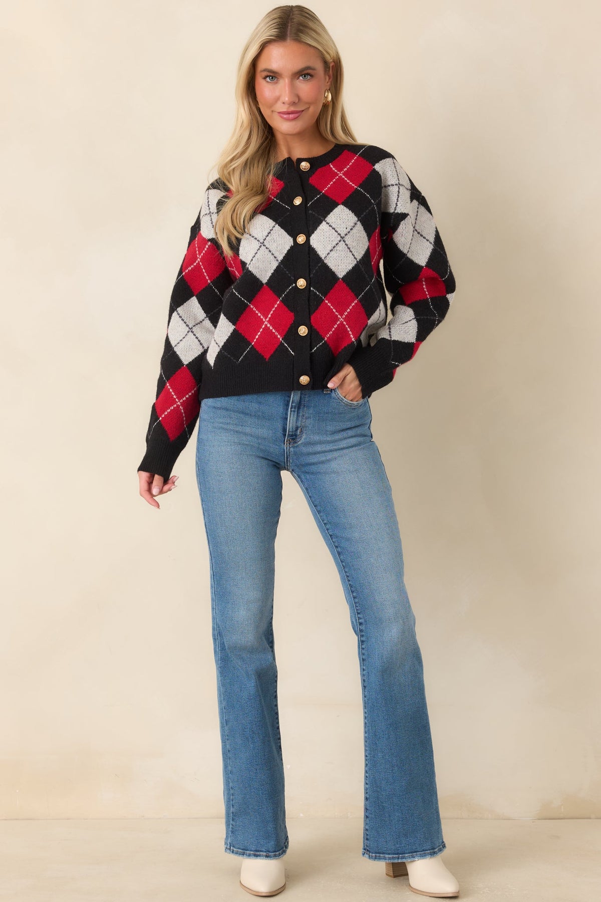 The Winning Combination Black & Red Knit Argyle Cardigan