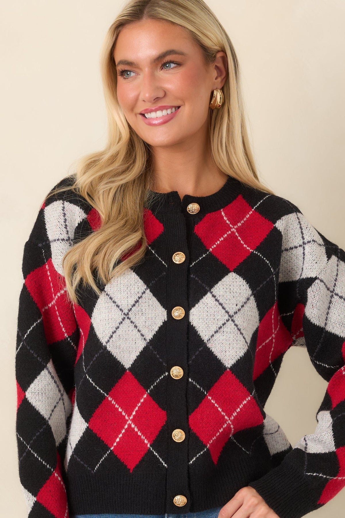 The Winning Combination Black & Red Knit Argyle Cardigan