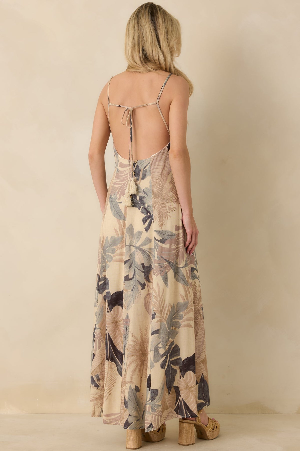 Say It Again Beige Multi Tropical Tie-Back Maxi Dress