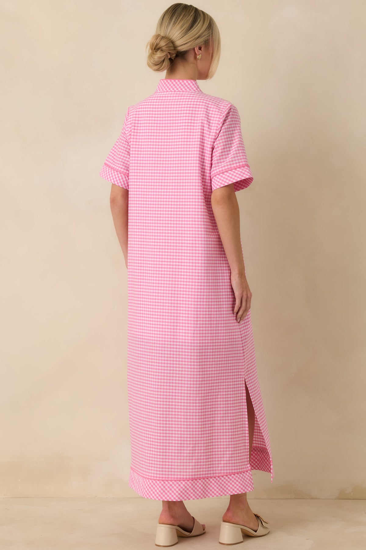 Afternoon Plans Pink Gingham Cotton V-Neck Maxi Dress