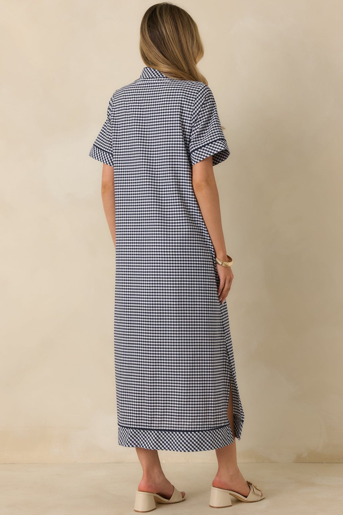Afternoon Plans Navy Gingham Cotton V-Neck Maxi Dress