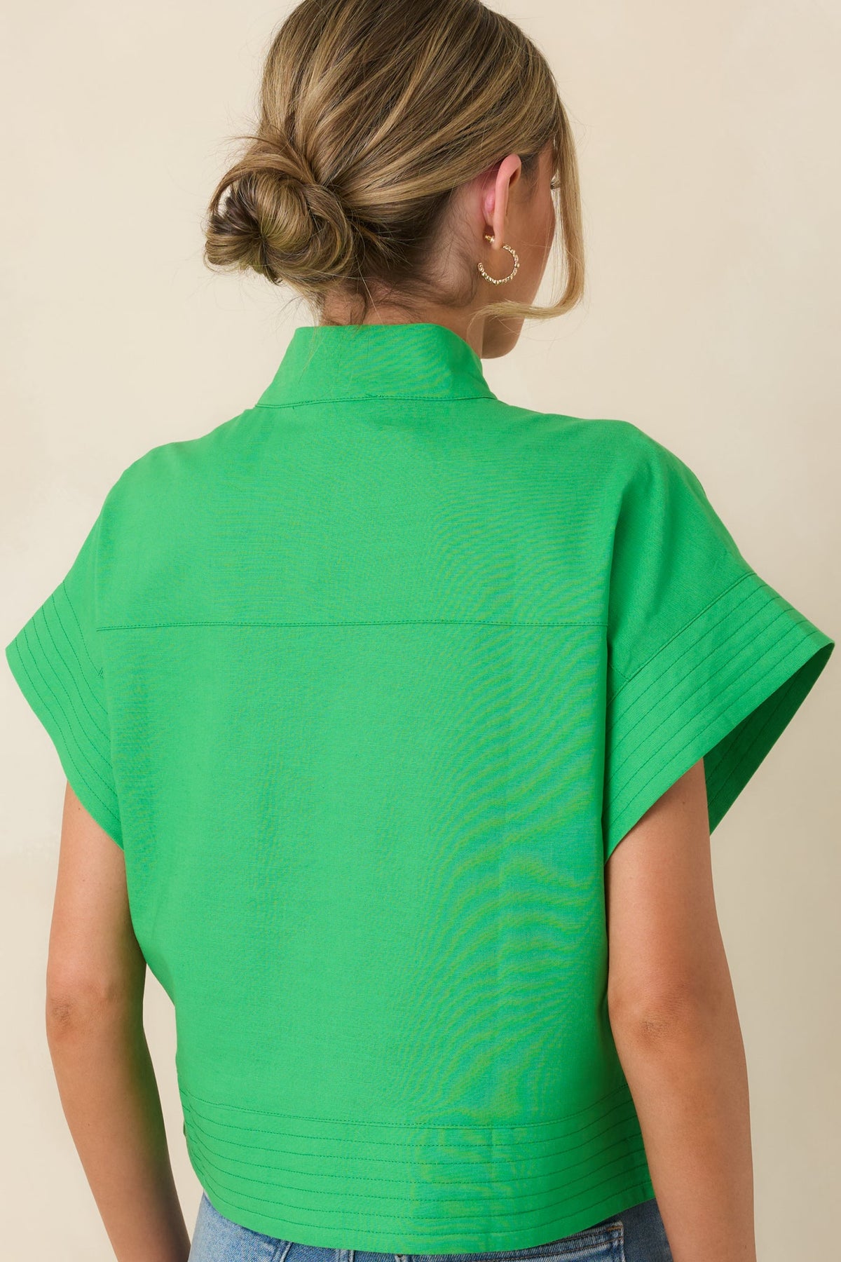 Pretty In Power Green Cotton Linen Button-Front Mock Neck Top