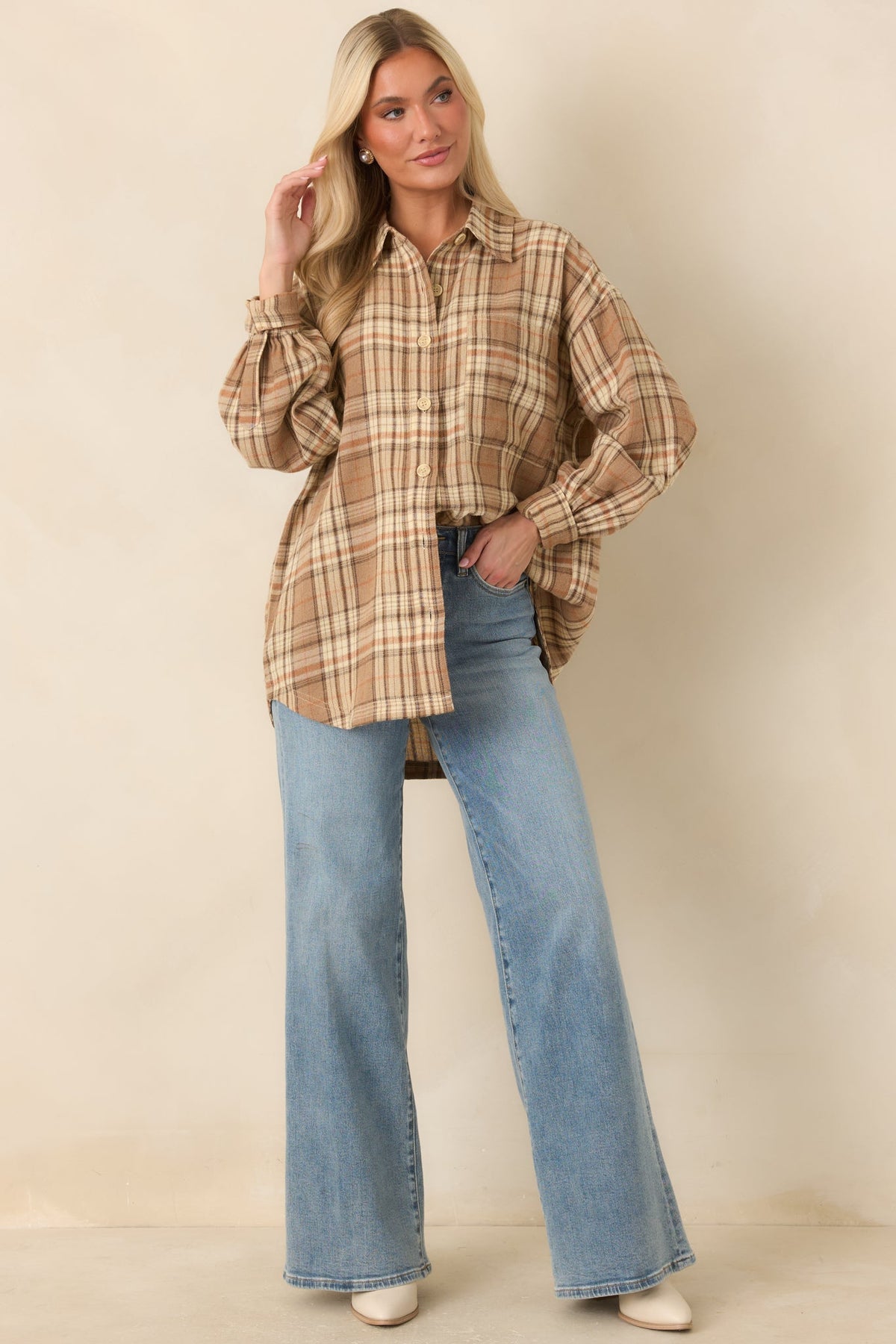 I’ll Put the Coffee On Beige Plaid Cotton Button Front Shirt