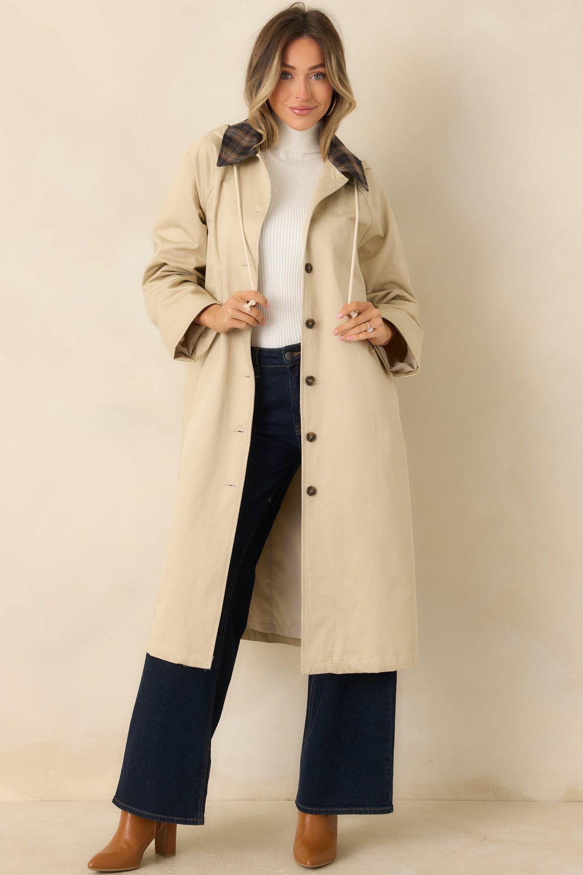 Taking the Long Way Beige Plaid Collar Hooded Cotton Coat
