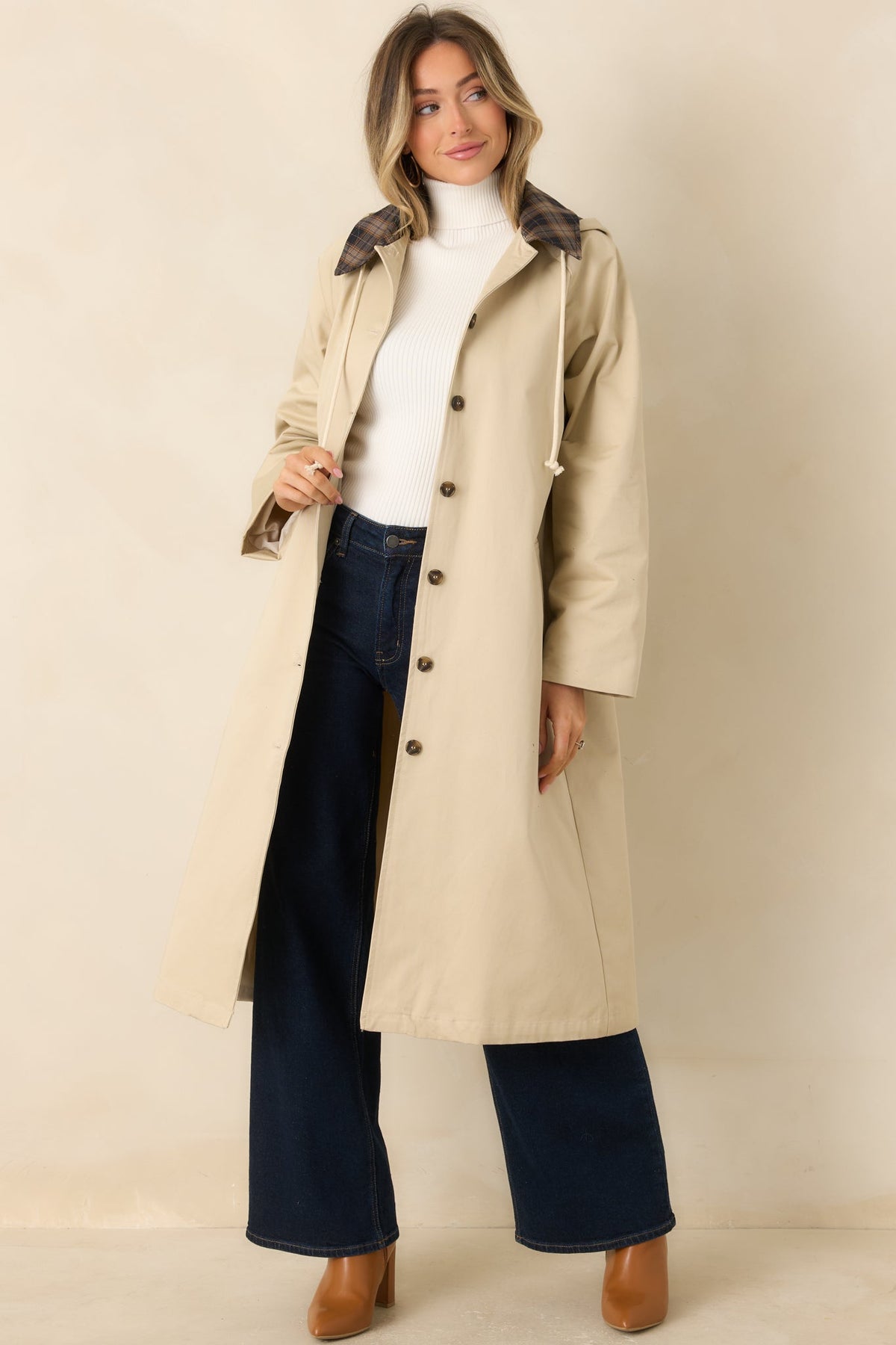 Taking the Long Way Beige Plaid Collar Hooded Cotton Coat