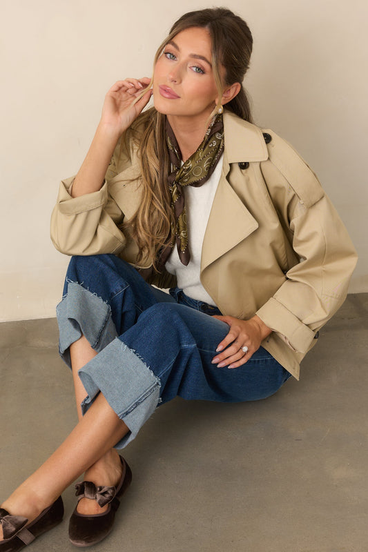 Modern Forecast Beige Cotton Double Breasted Cropped Trench Jacket