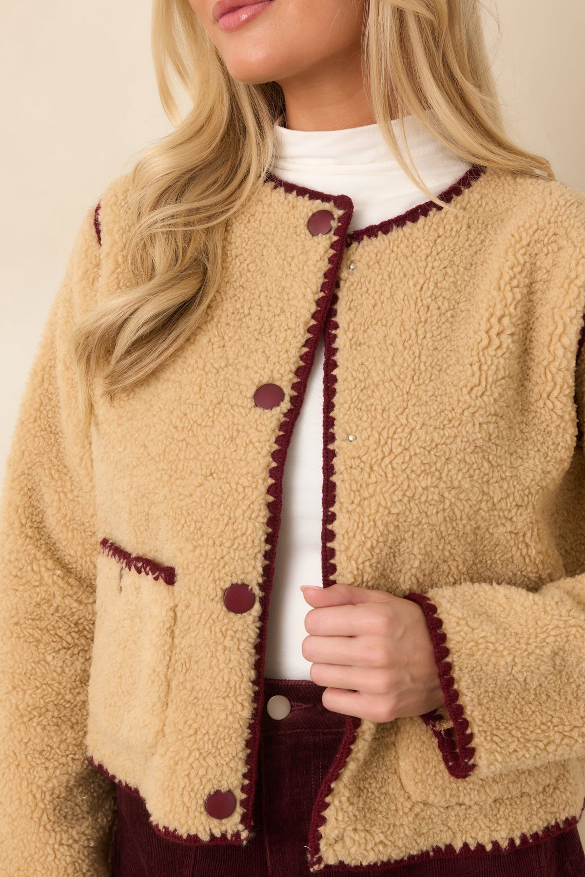 Bound to Be Cozy Beige & Burgundy Contrast Stitch Sherpa Jacket