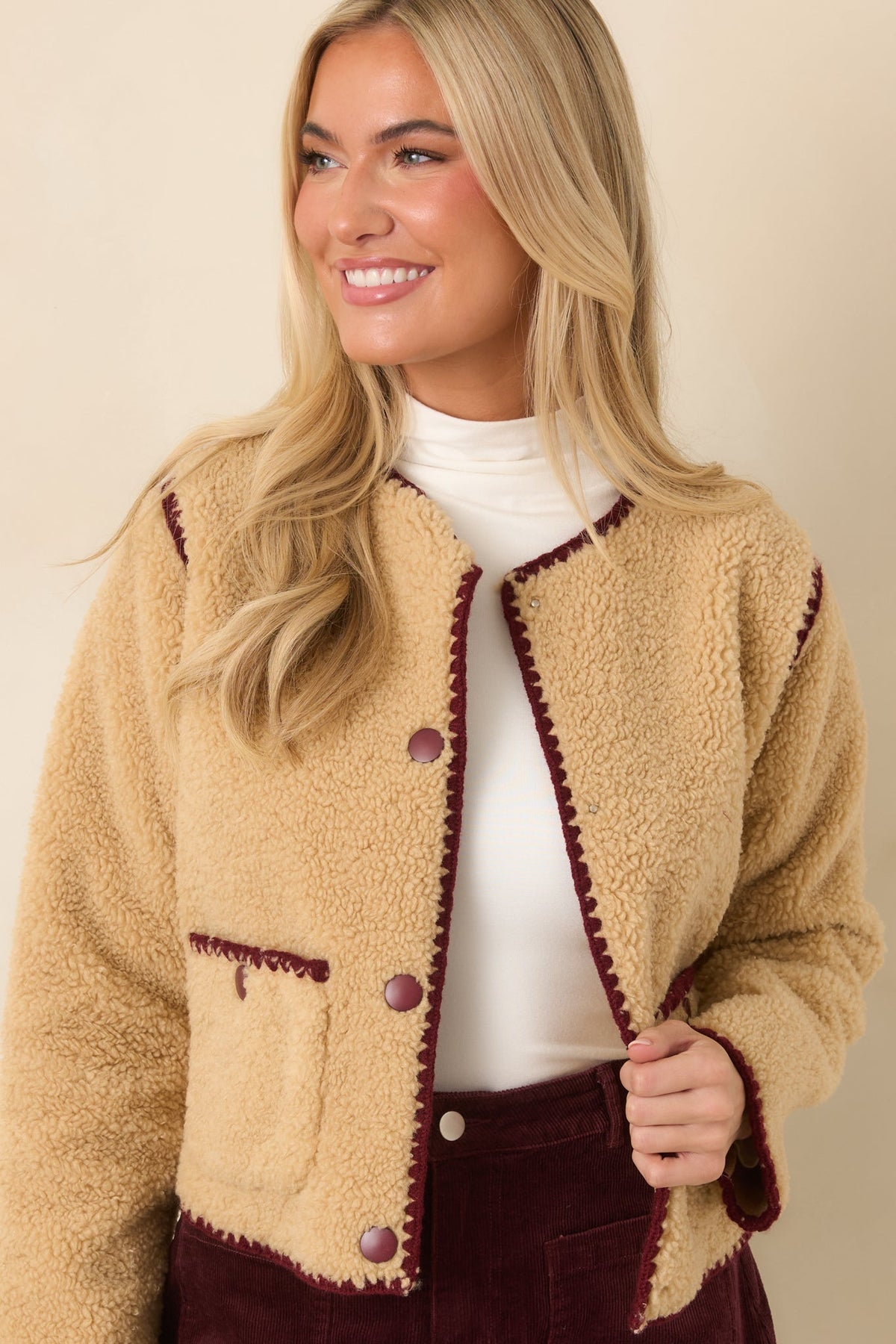 Bound to Be Cozy Beige & Burgundy Contrast Stitch Sherpa Jacket