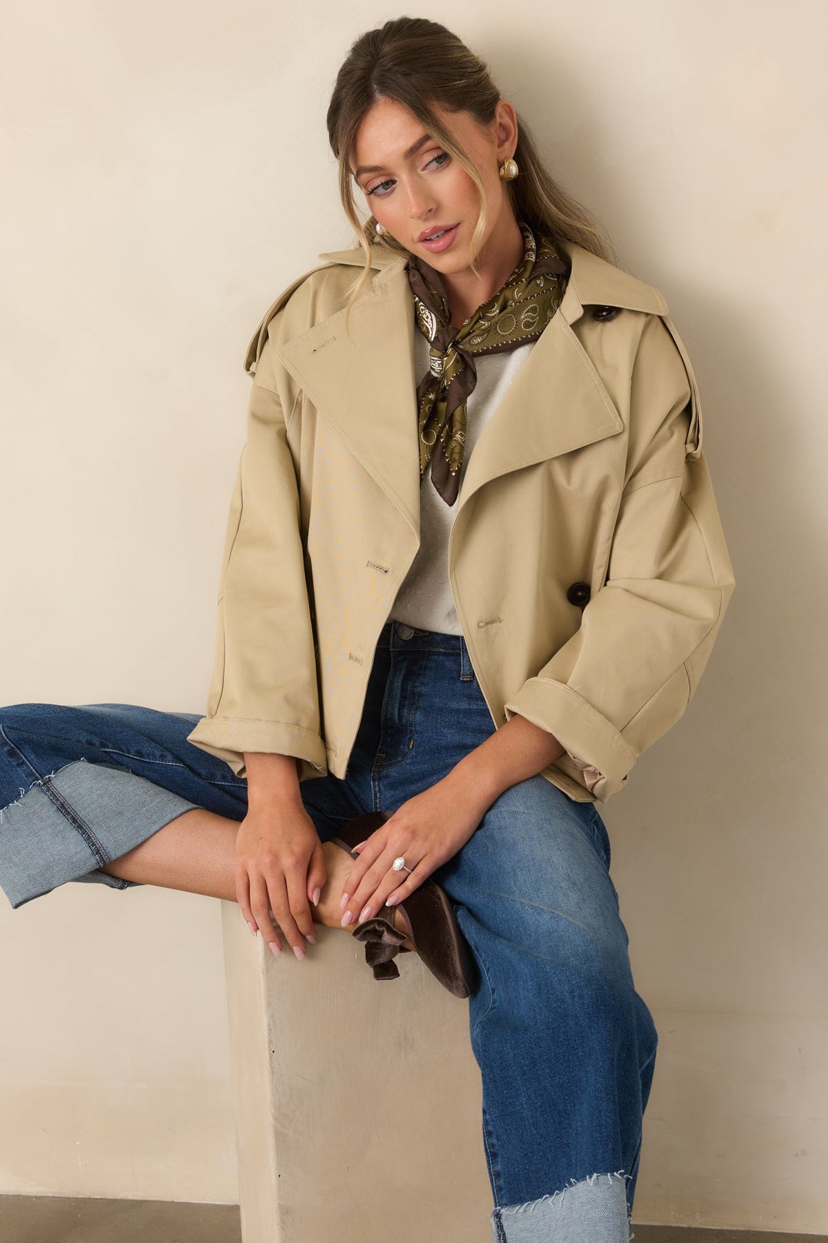 Modern Forecast Beige Cotton Double Breasted Cropped Trench Jacket