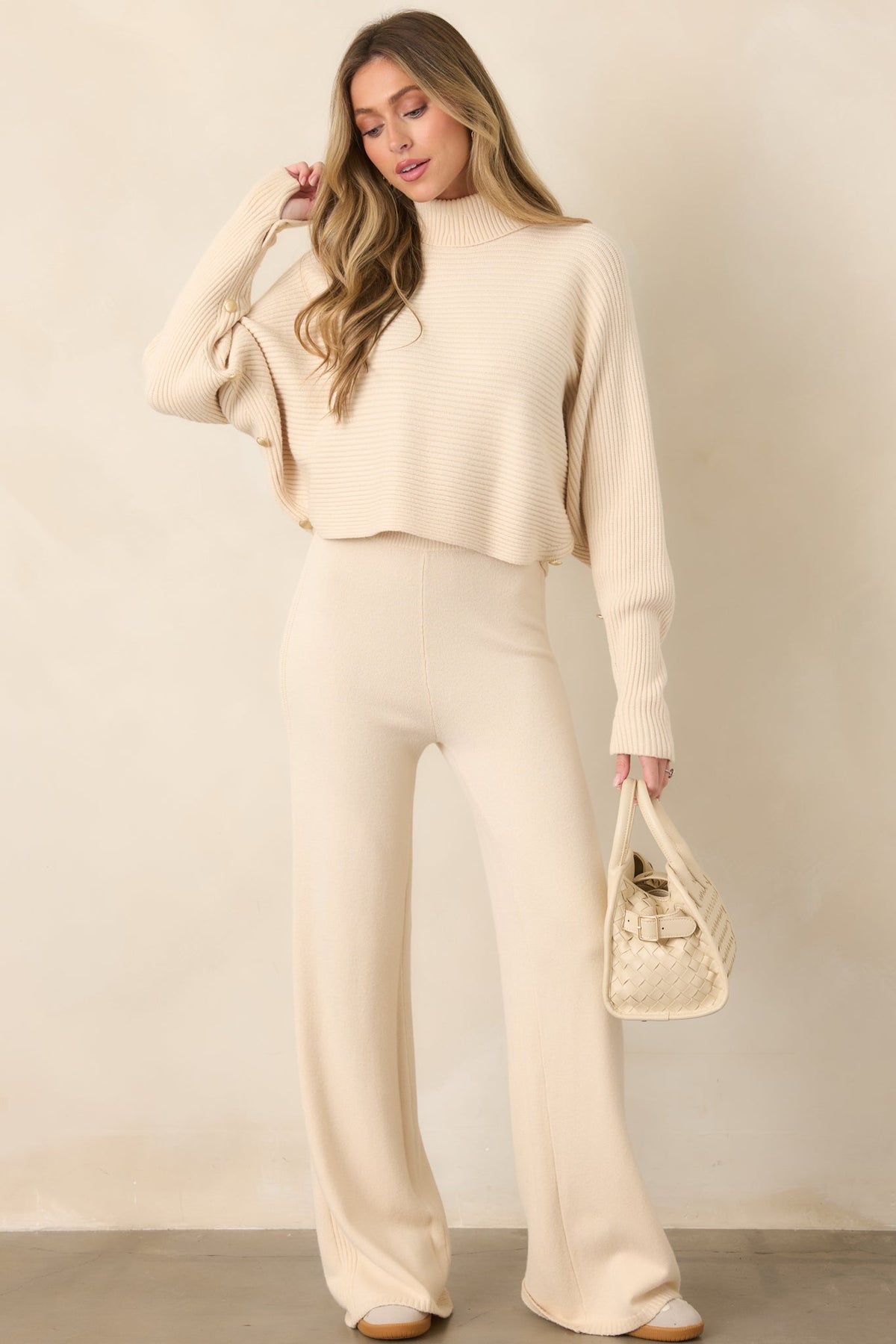 Polished Path Beige Ribbed Batwing Cropped Turtleneck Sweater