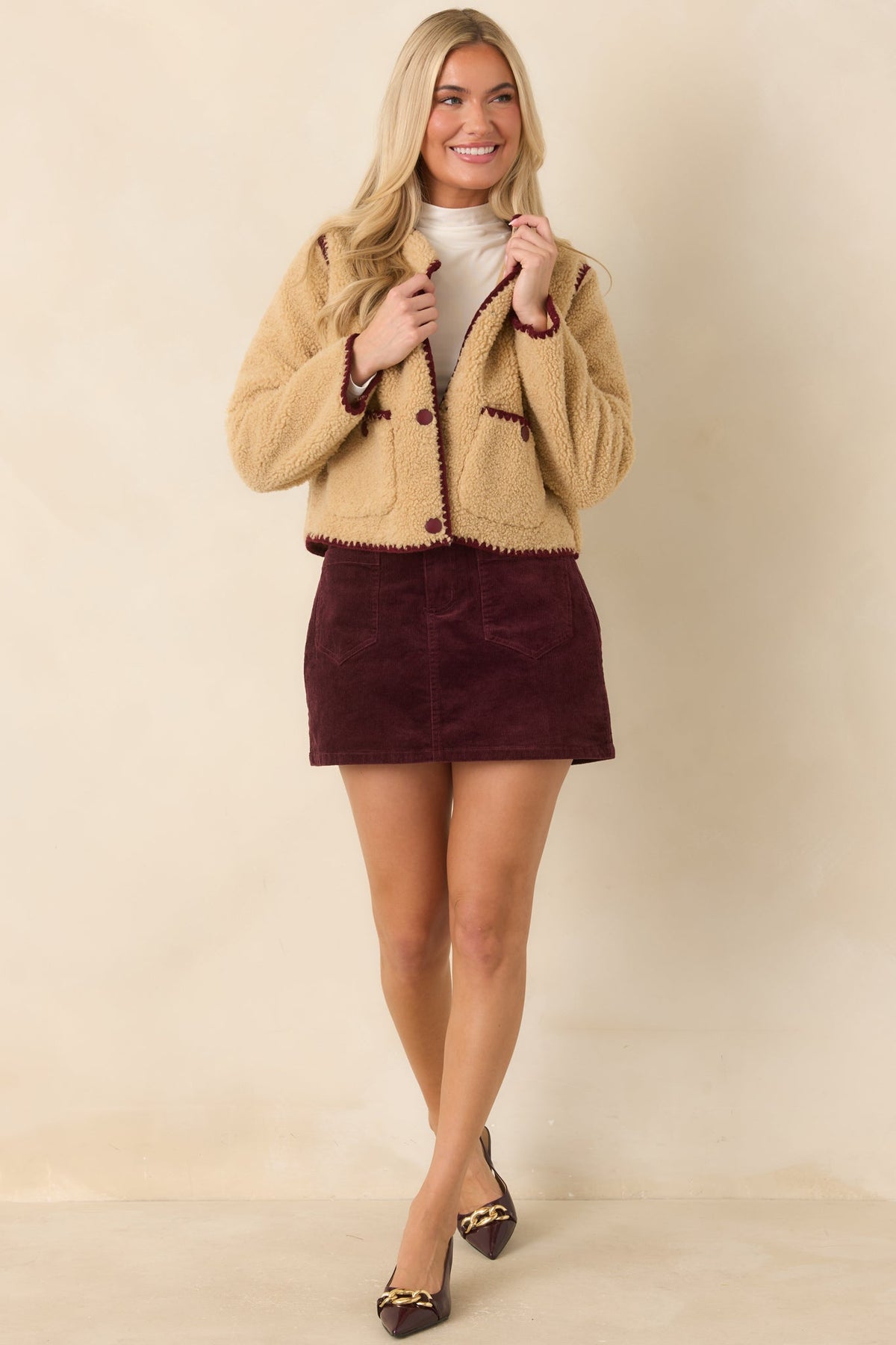 Bound to Be Cozy Beige & Burgundy Contrast Stitch Sherpa Jacket