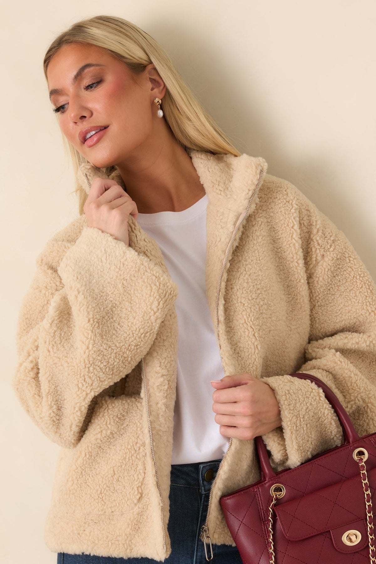 MINKPINK Zola Beige Teddy Zip-Front Jacket