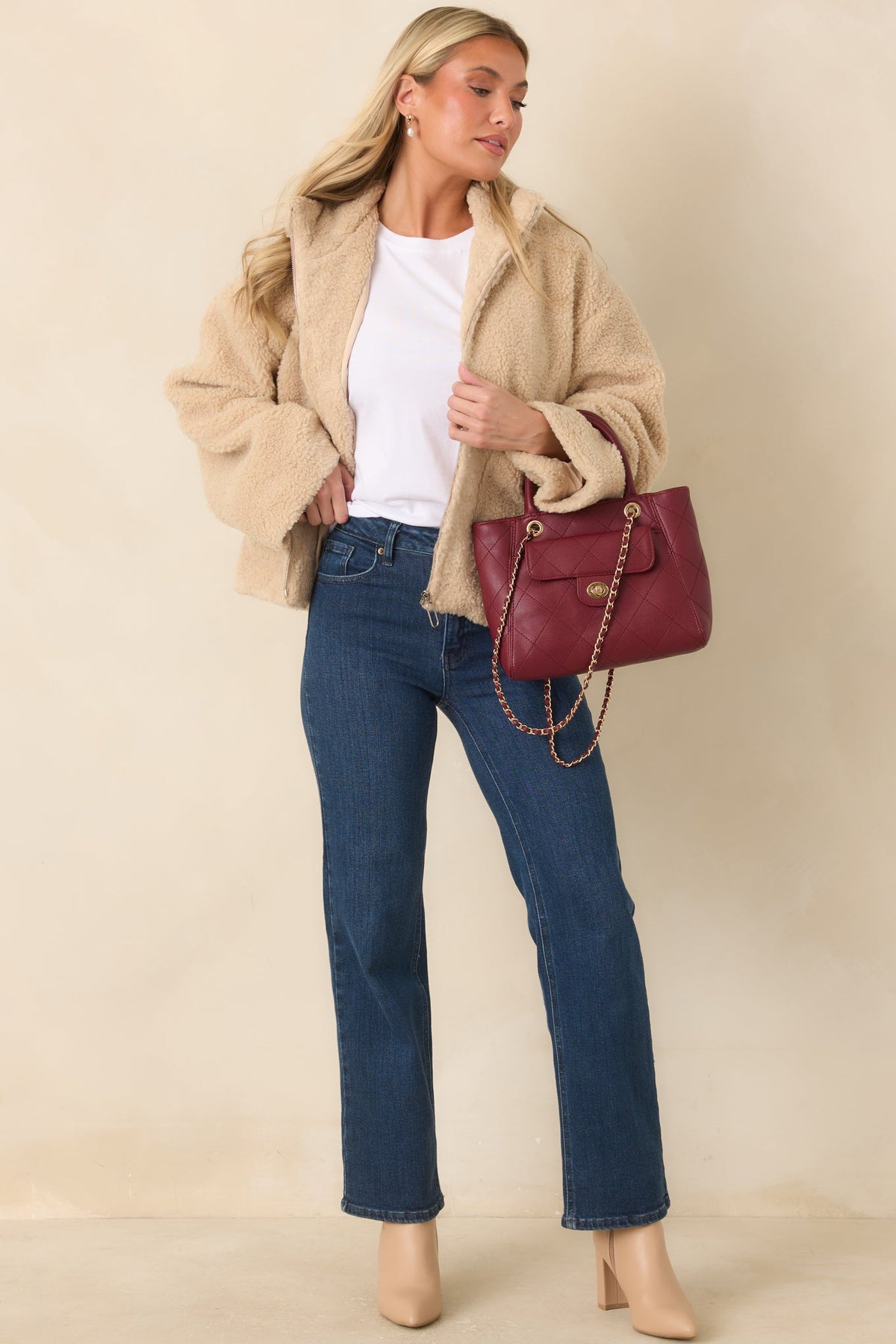 MINKPINK Zola Beige Teddy Zip-Front Jacket