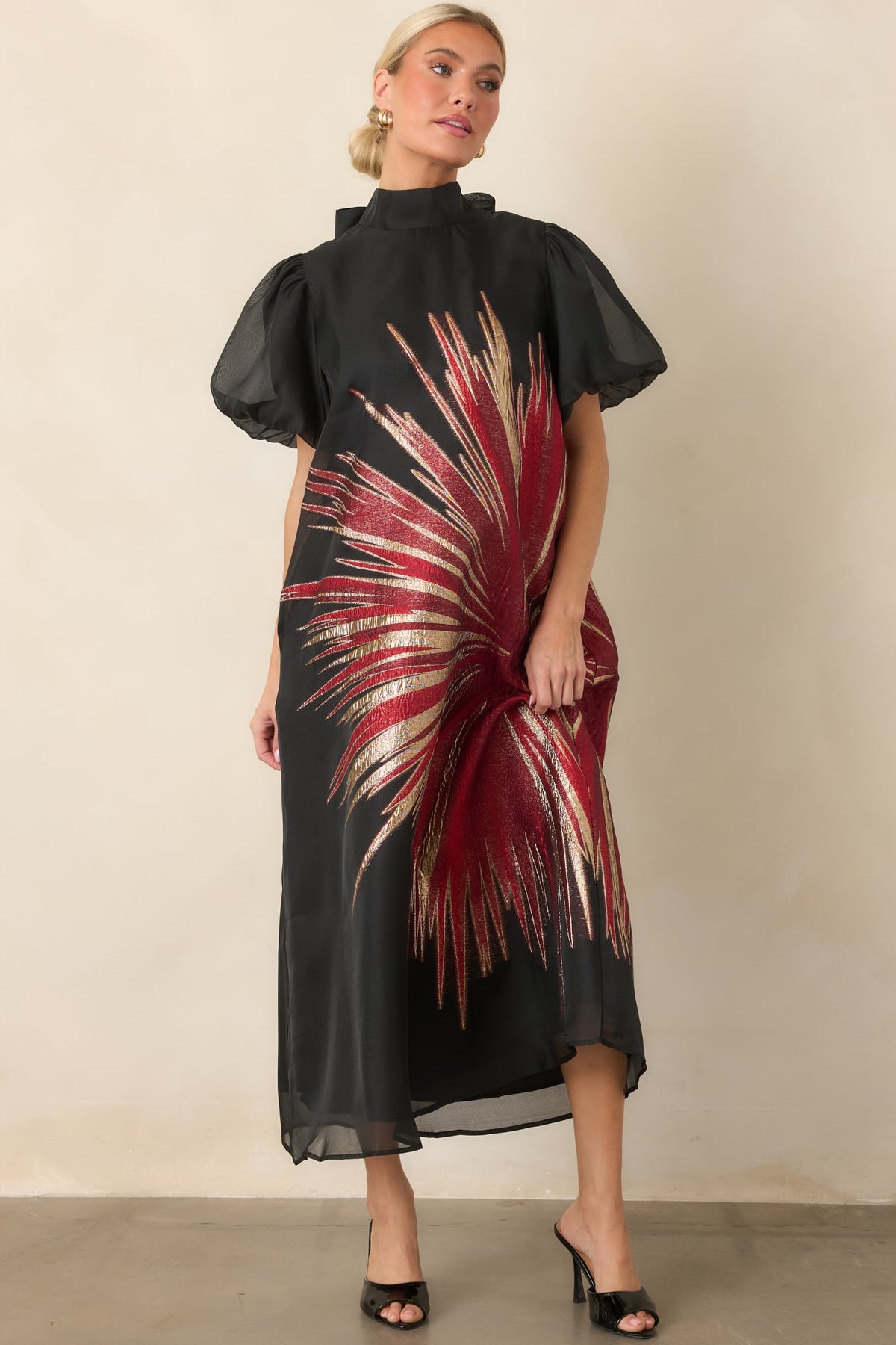Light Up the Room Black & Red Metallic Starburst Midi Dress