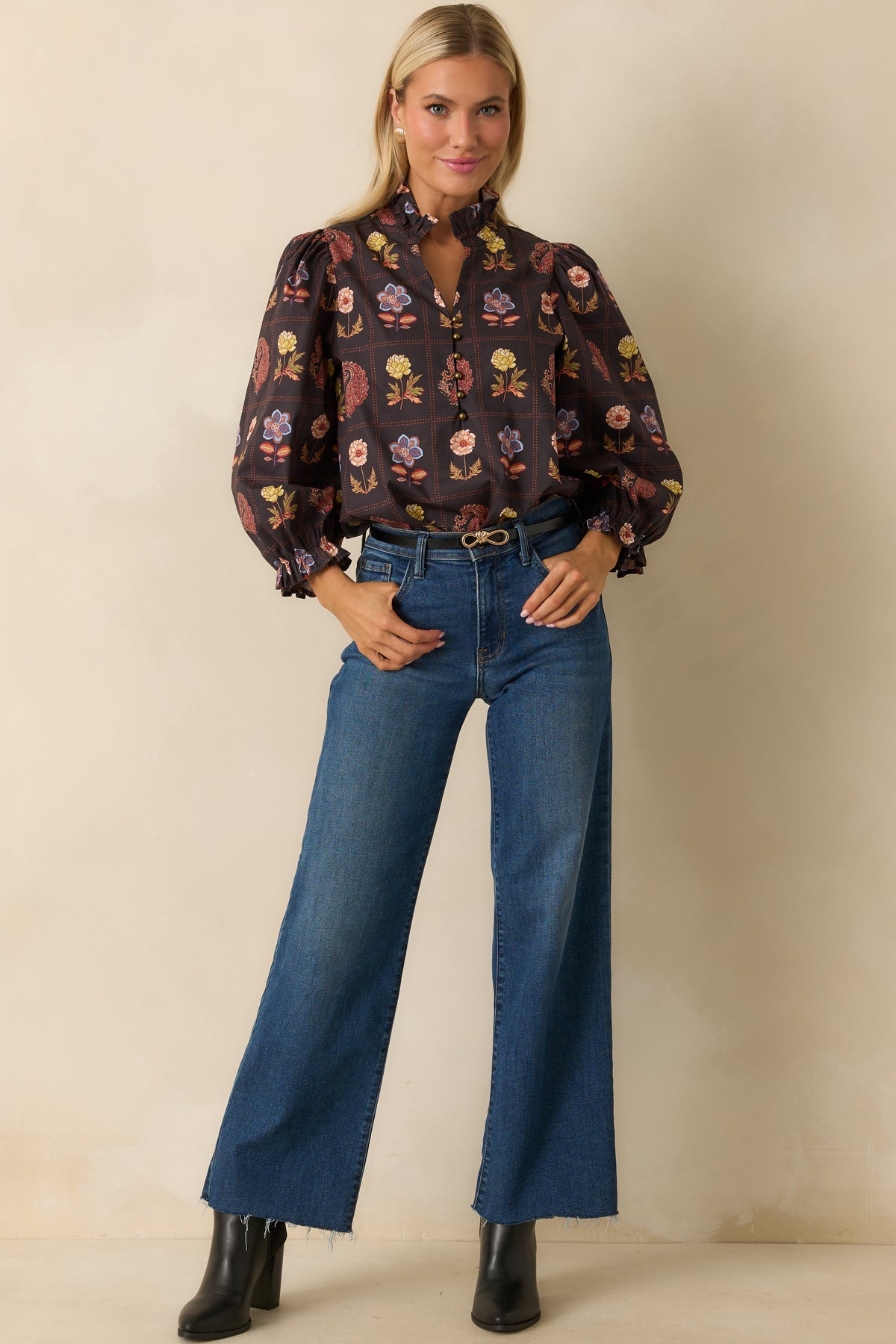 Everything’s Blooming Black Multi Floral Cotton Puff Sleeve Blouse