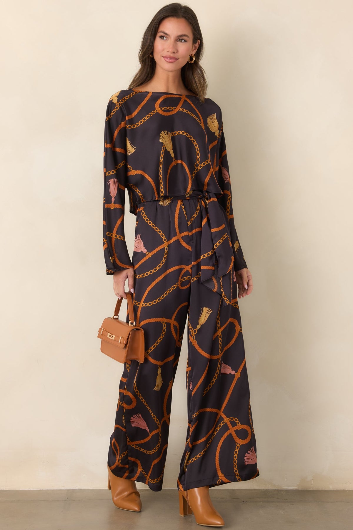 With Regard Black Rope & Tassel Print Satin Wide Leg Pants