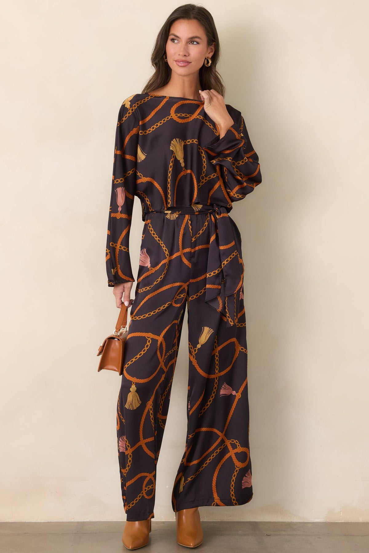 With Regard Black Rope & Tassel Print Satin Wide Leg Pants