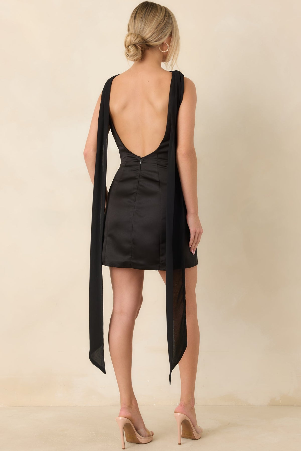 I Have Arrived Black Satin Open Back Scarf Detail Mini Dress
