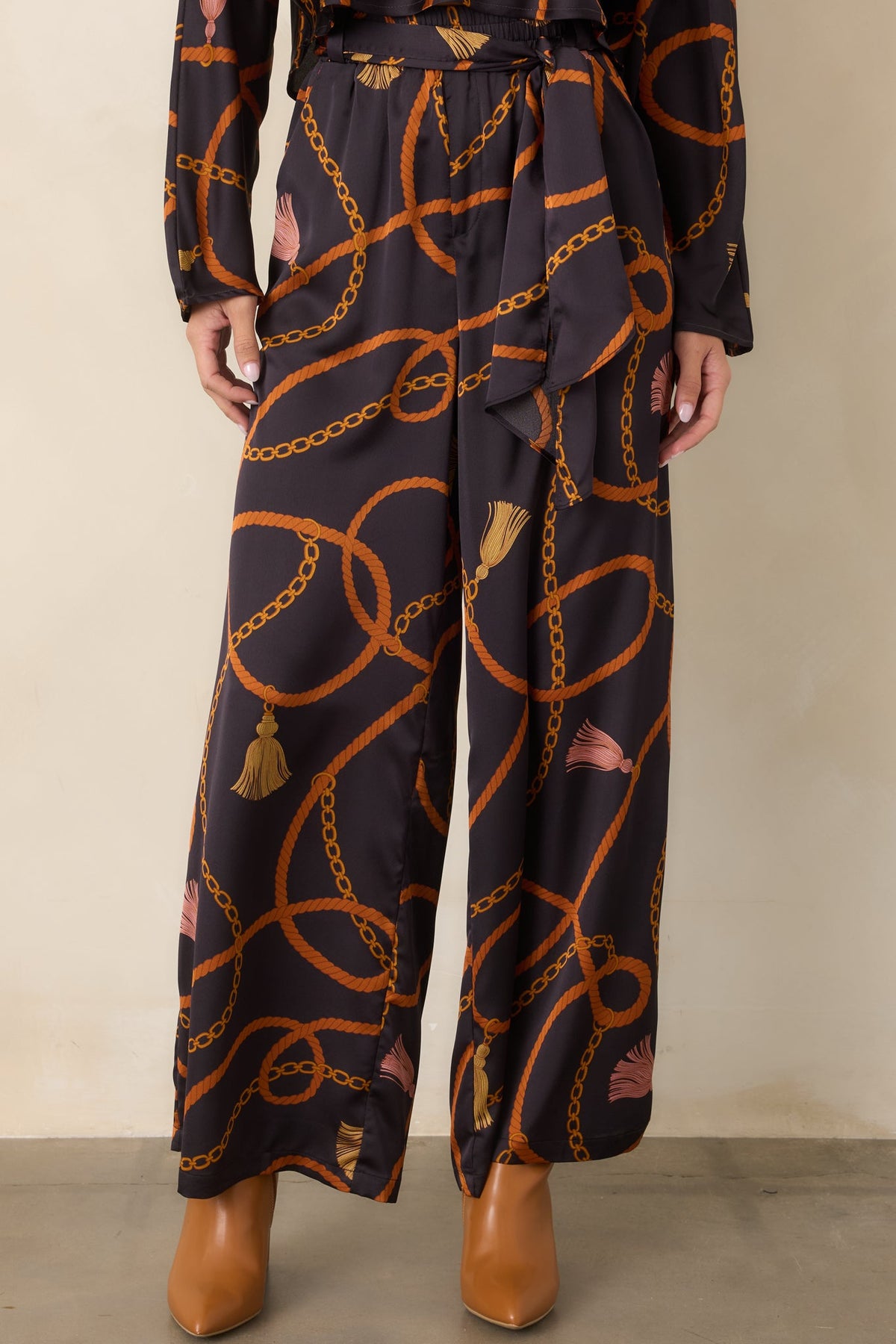 With Regard Black Rope & Tassel Print Satin Wide Leg Pants