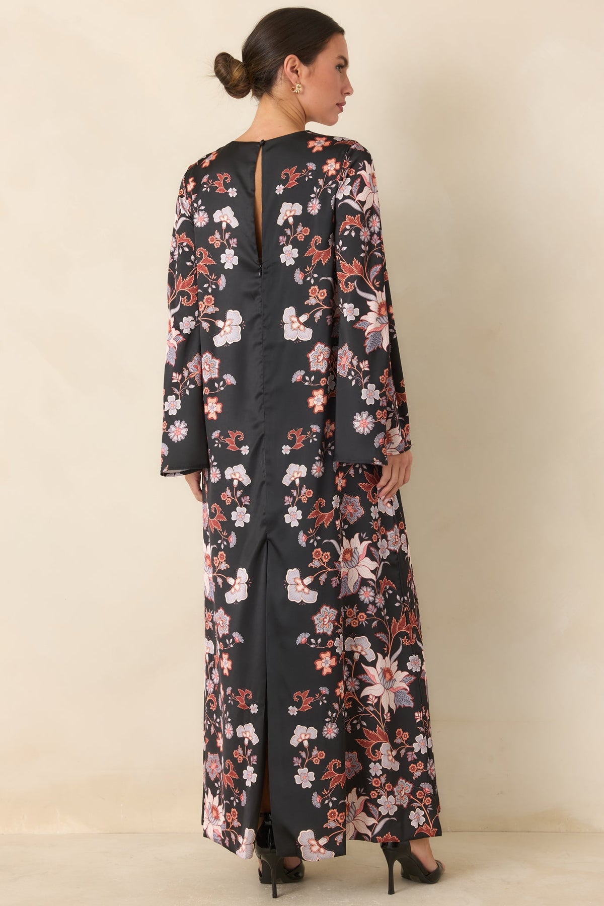 Prosperina Nix Black Multi Floral Satin Maxi Dress
