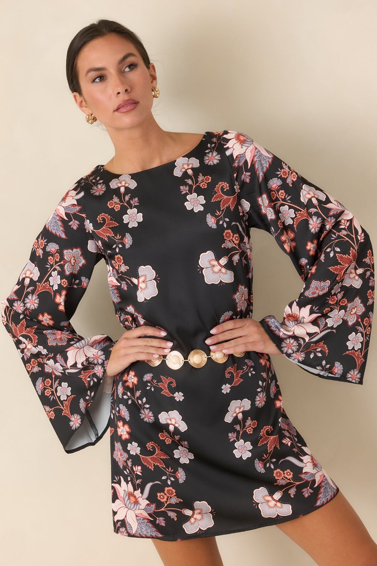 Prosperina Warhol Black Multi Floral Satin Mini Dress