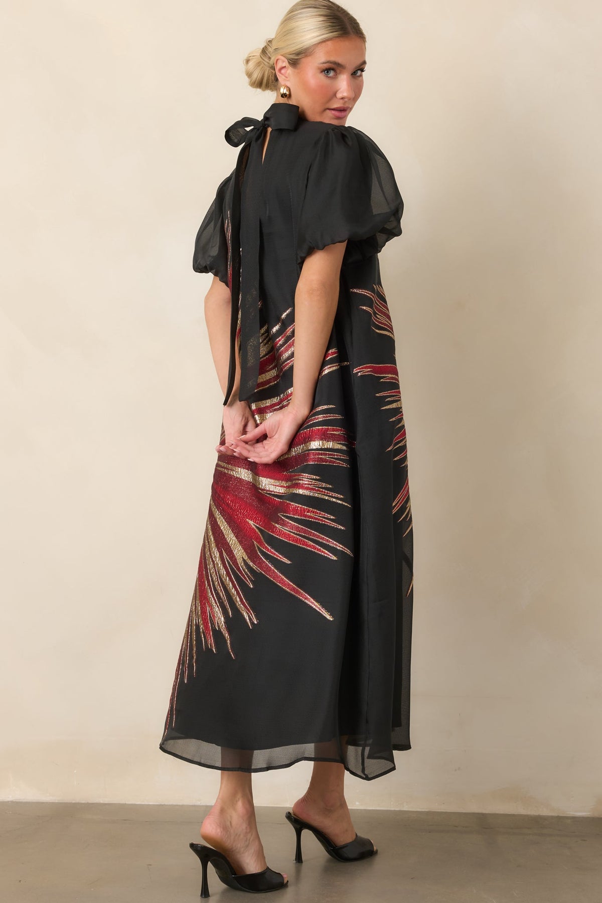 Light Up the Room Black & Red Metallic Starburst Midi Dress