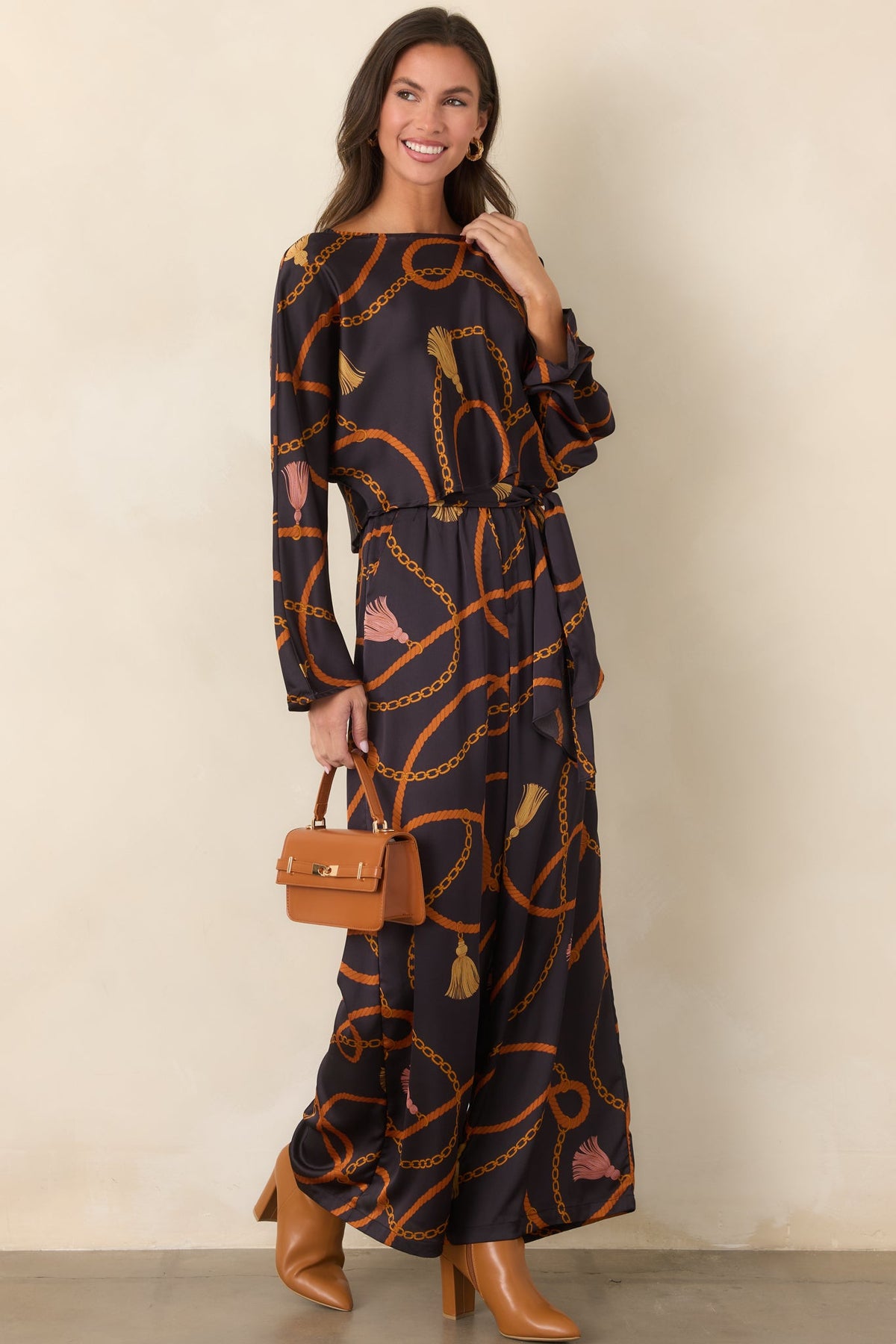 With Regard Black Rope & Tassel Print Satin Wide Leg Pants
