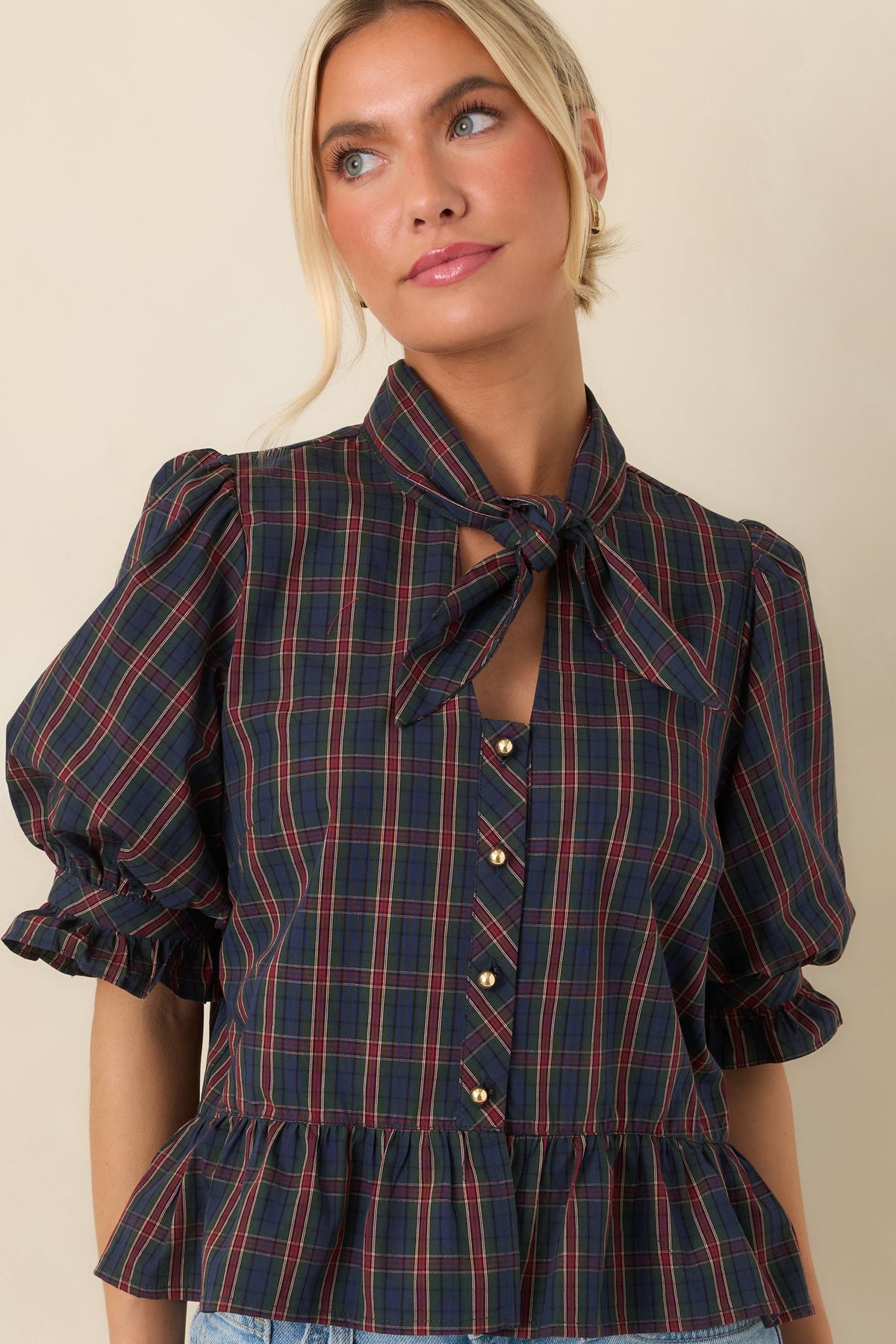 Tied to Tradition Navy & Green Plaid Cotton Peplum Blouse