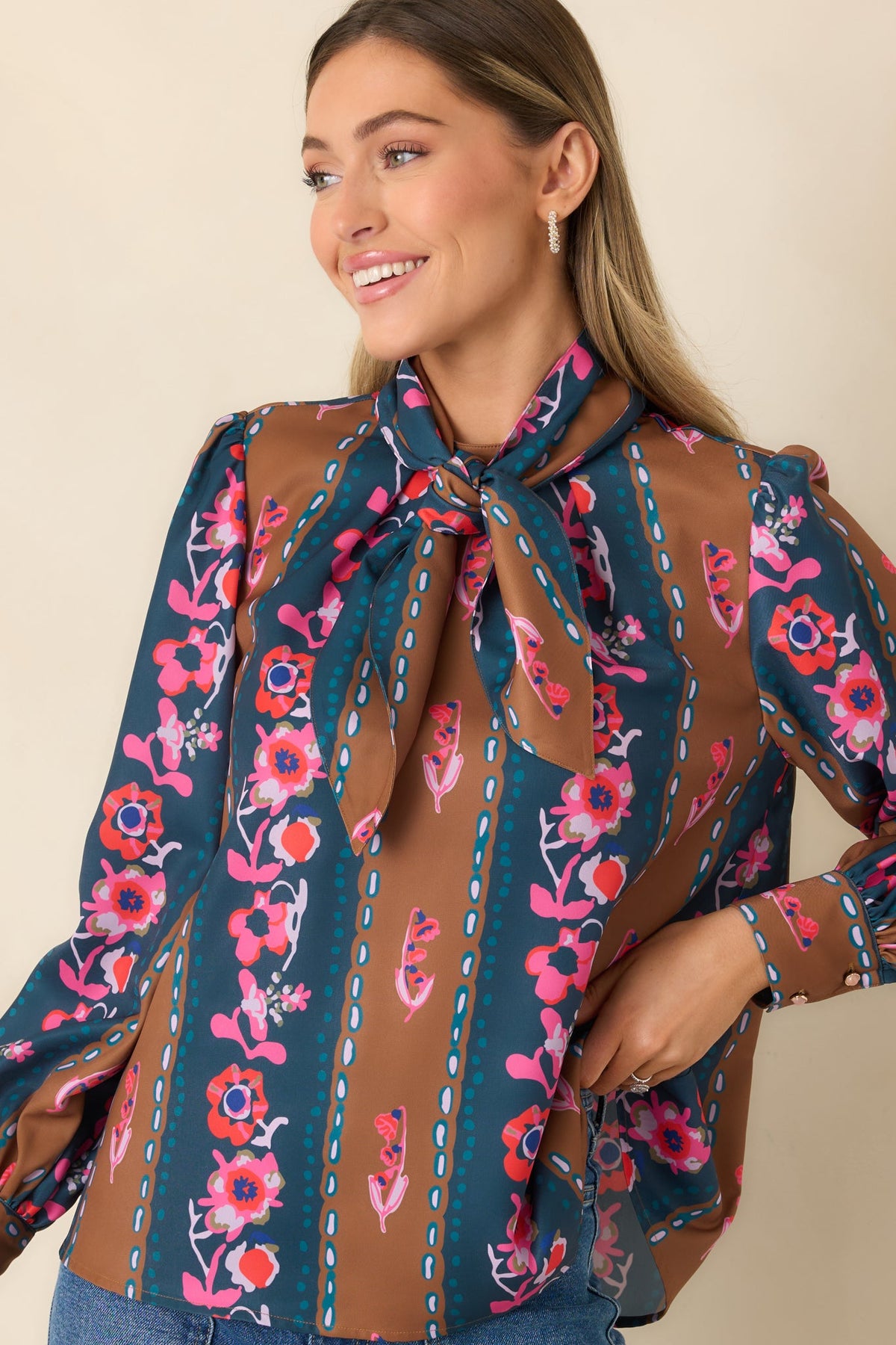 CROSBY Estelle Multi Floral Stripe Tie Neck Blouse