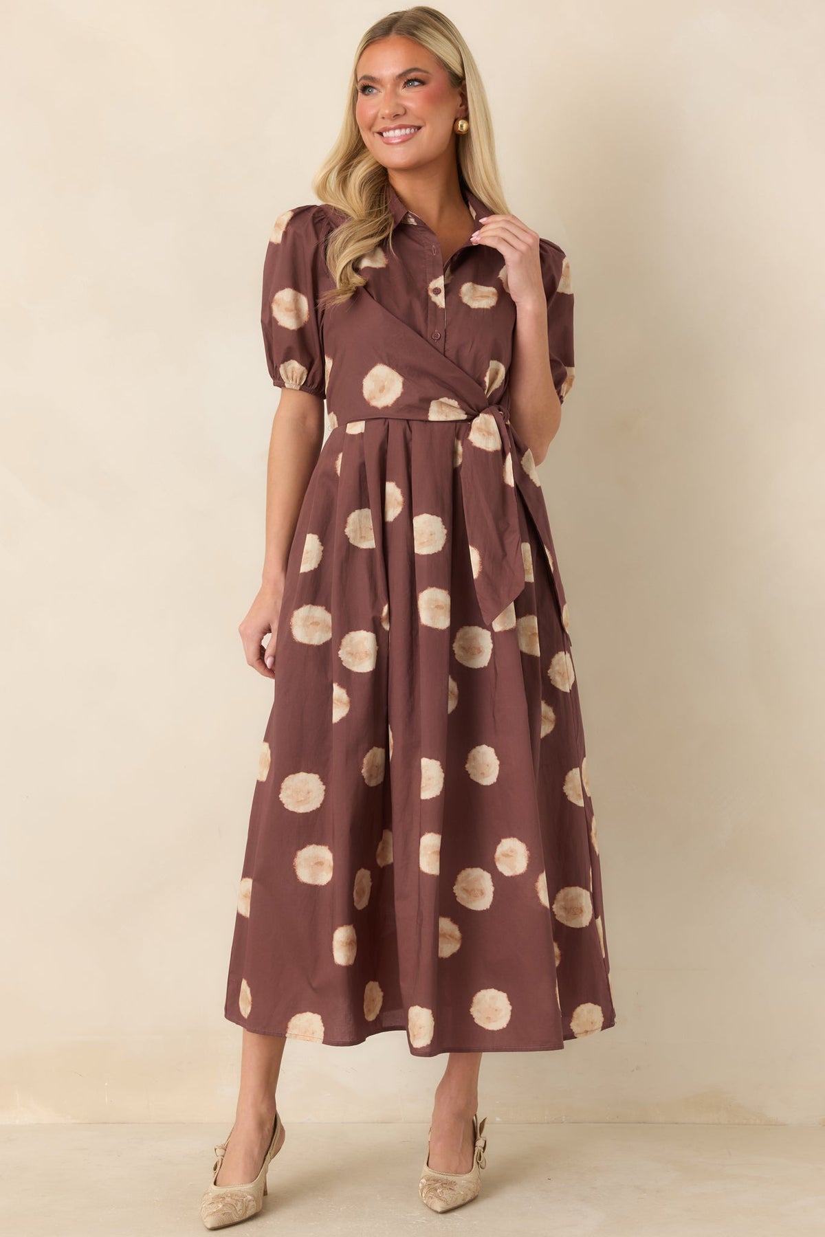 Gather Around Rust Brown Dot Print Cotton Midi Dress