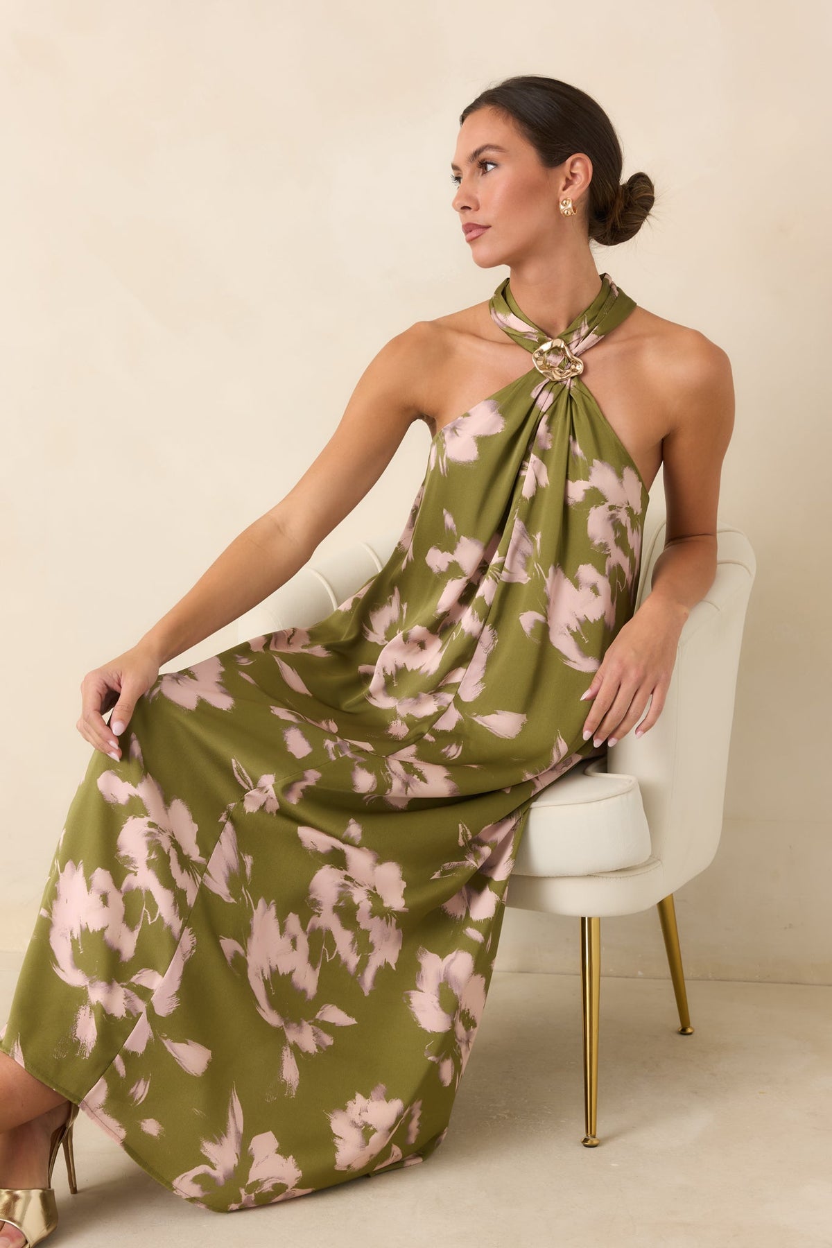The Feeling Is Mutual Olive & Blush Floral Halter Maxi Dress