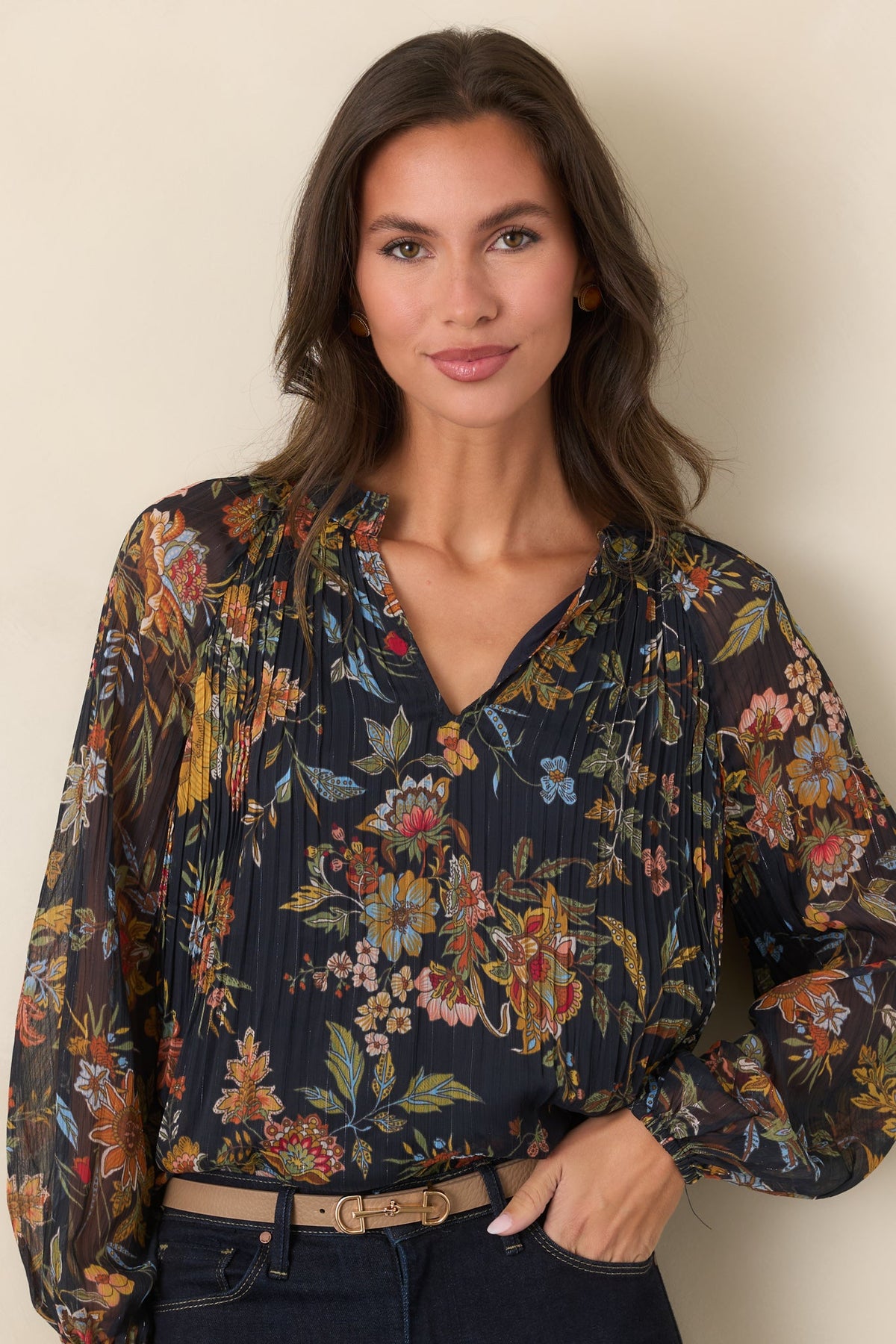 Under Evening Skies Navy Multi Floral Pleated Blouse