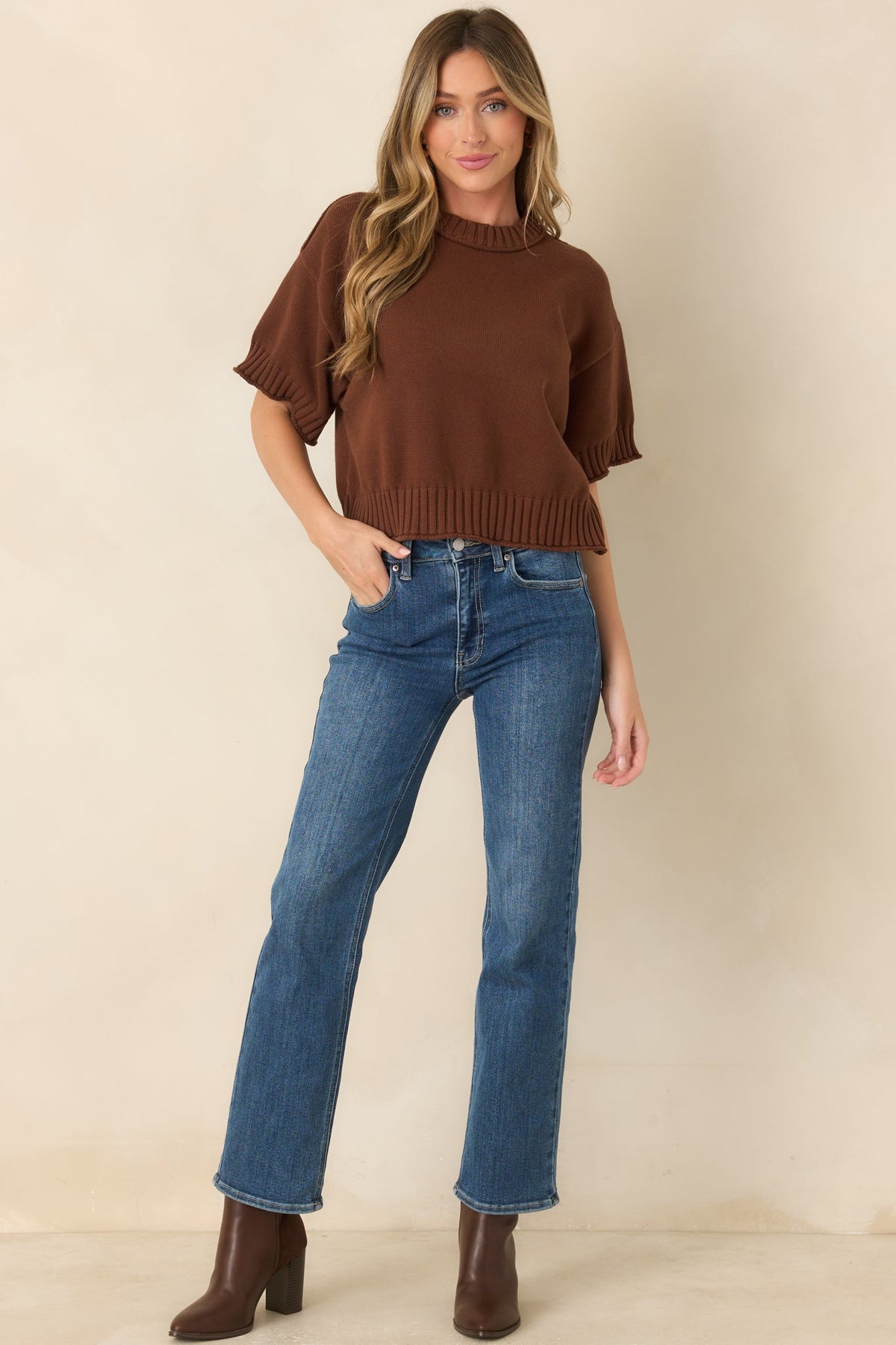 Right at Home Brown Cotton Short Sleeve Rib Trim Sweater