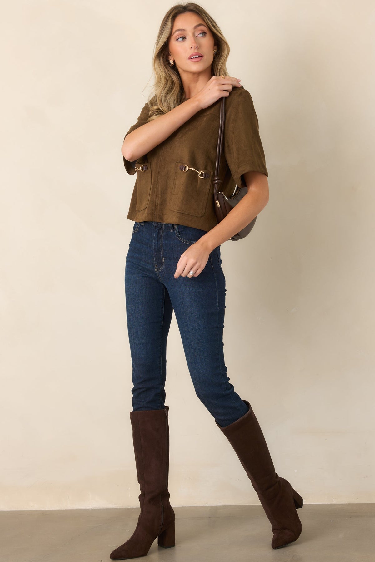 Take the Reins Brown Suede Short Sleeve Pocket Top