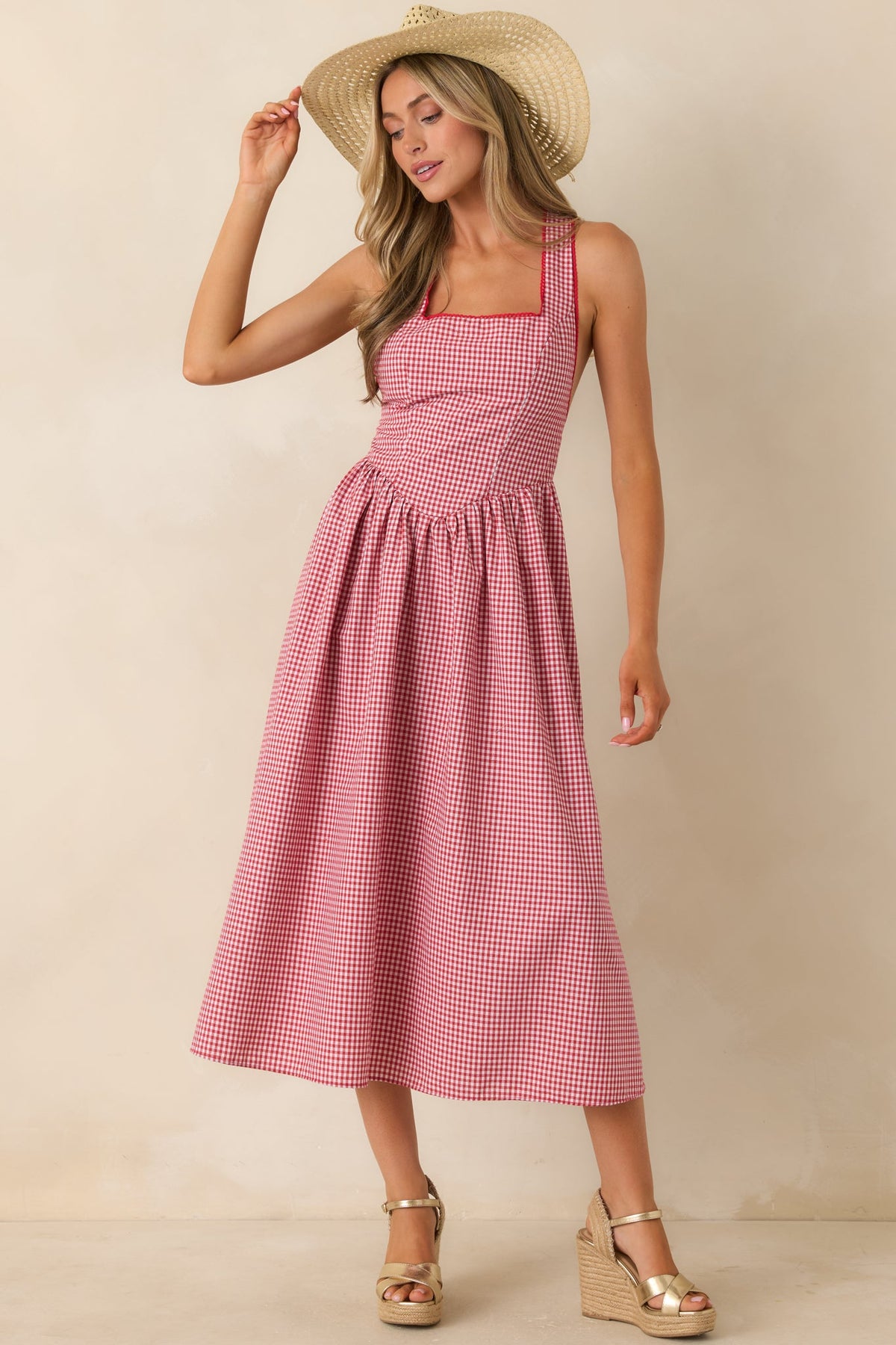 Just Because I Can Red Gingham Open Back Tie Maxi Dress