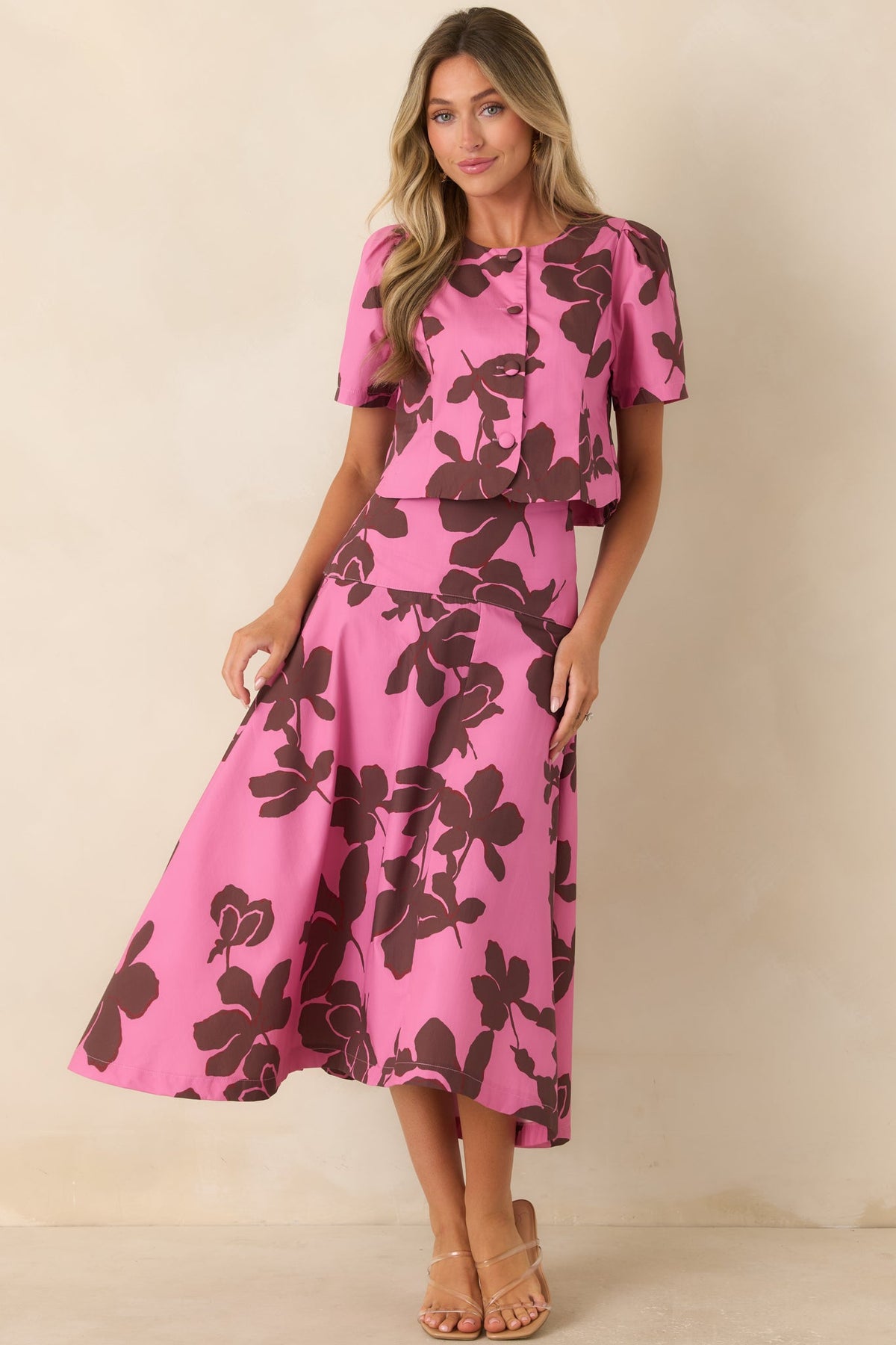 Worth Making Plans For Pink & Brown Floral Cotton Button Front Top