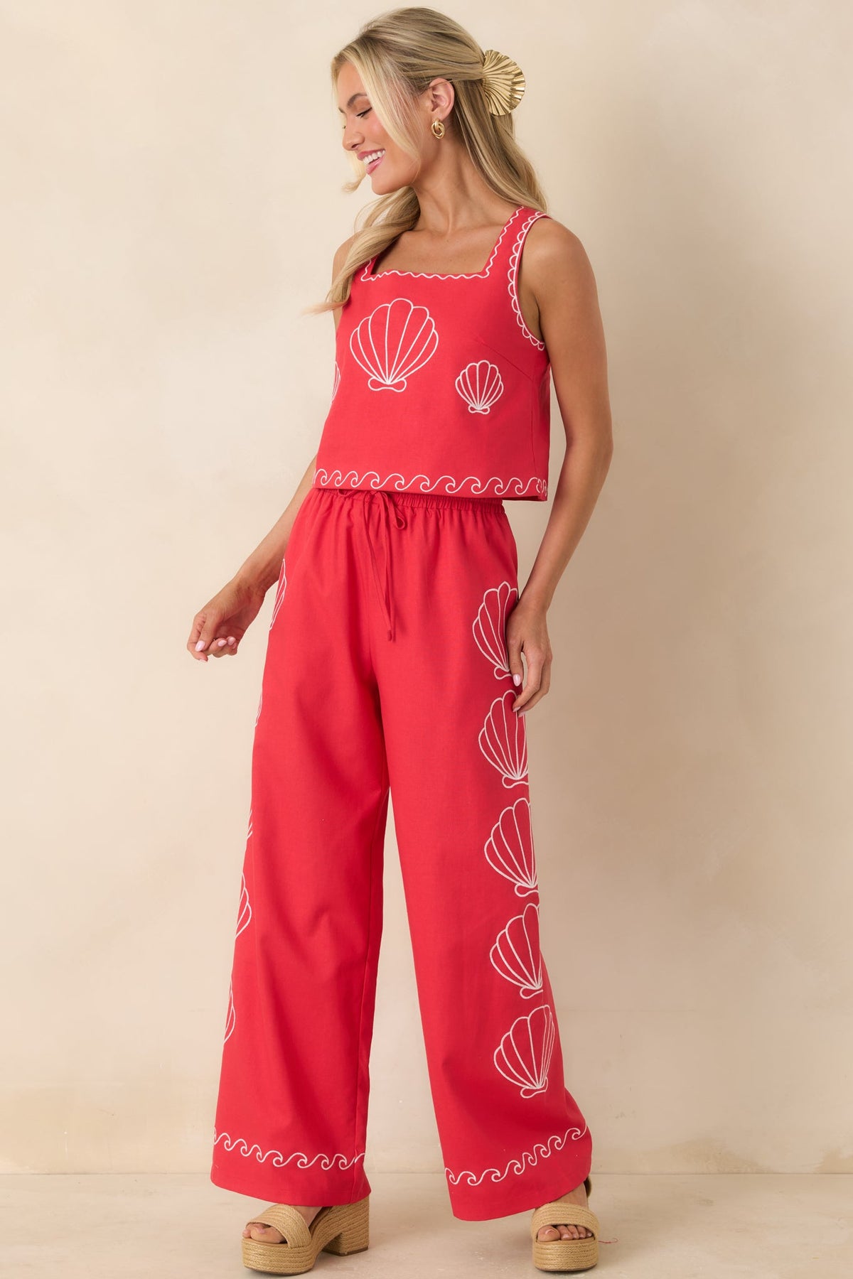 Sea You Soon Red Cotton Blend Shell Embroidered Tank Top
