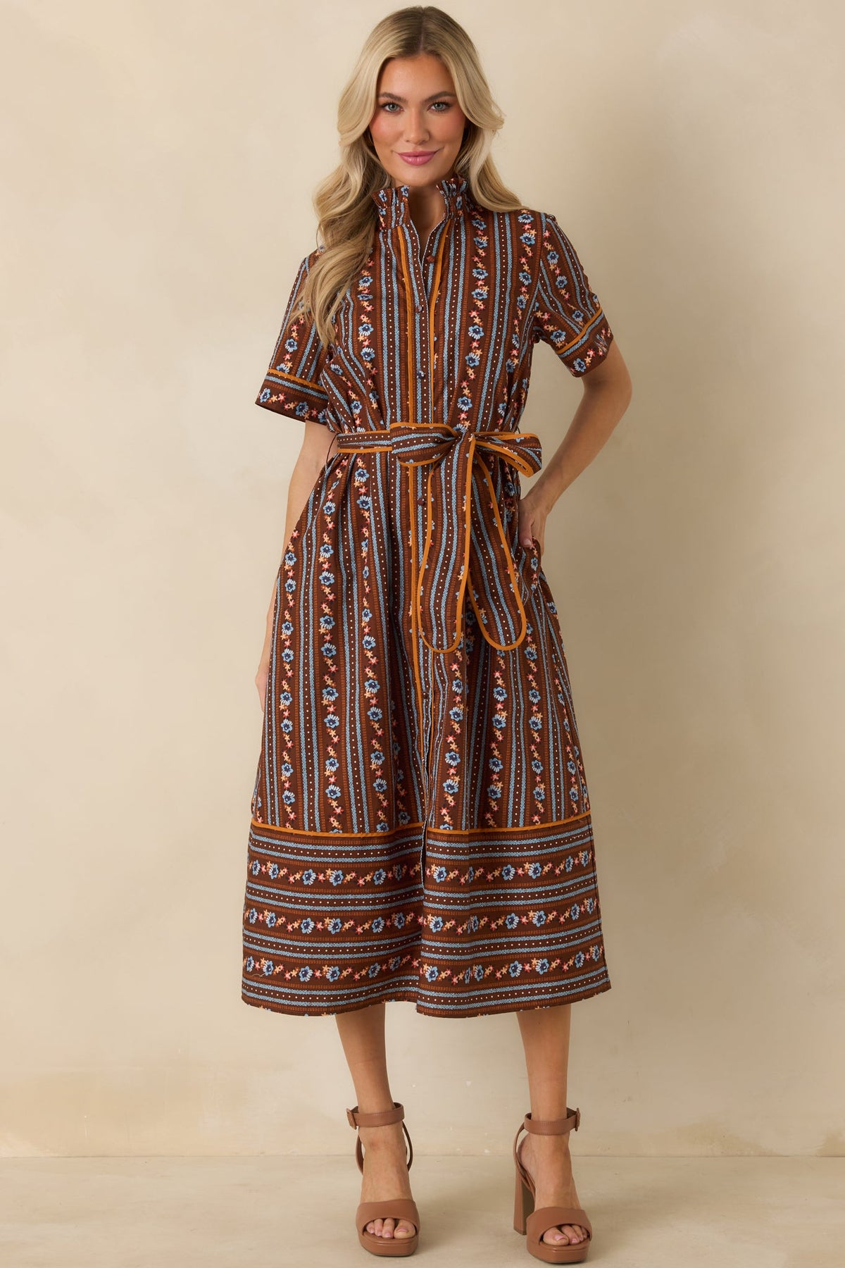 Prosperina Whitaker Brown Multi Floral Stripe Cotton Midi Dress