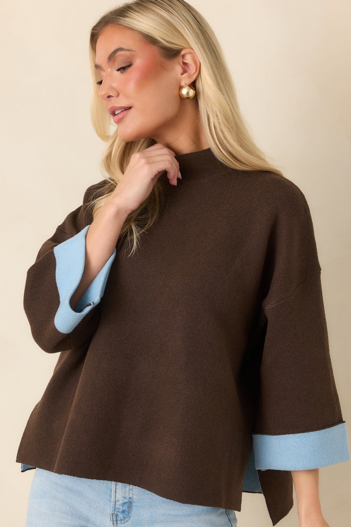 Let’s Unwind Brown & Light Blue Contrast Cuff Mock Neck Sweater