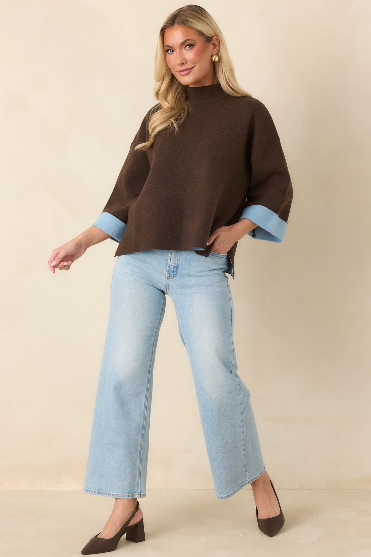 Let’s Unwind Brown & Light Blue Contrast Cuff Mock Neck Sweater
