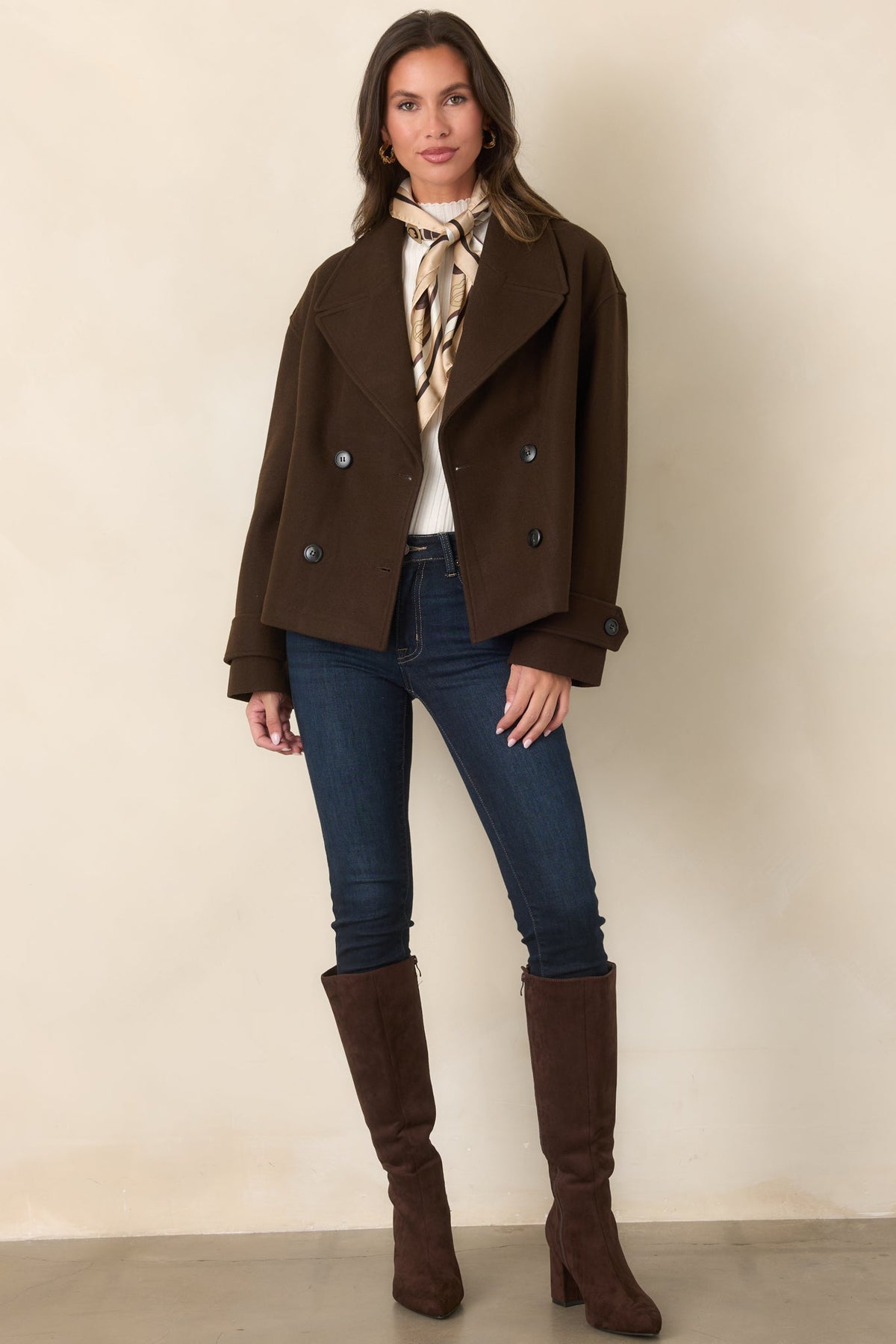With Somewhere to Be Chocolate Brown Double-Breasted Cropped Jacket
