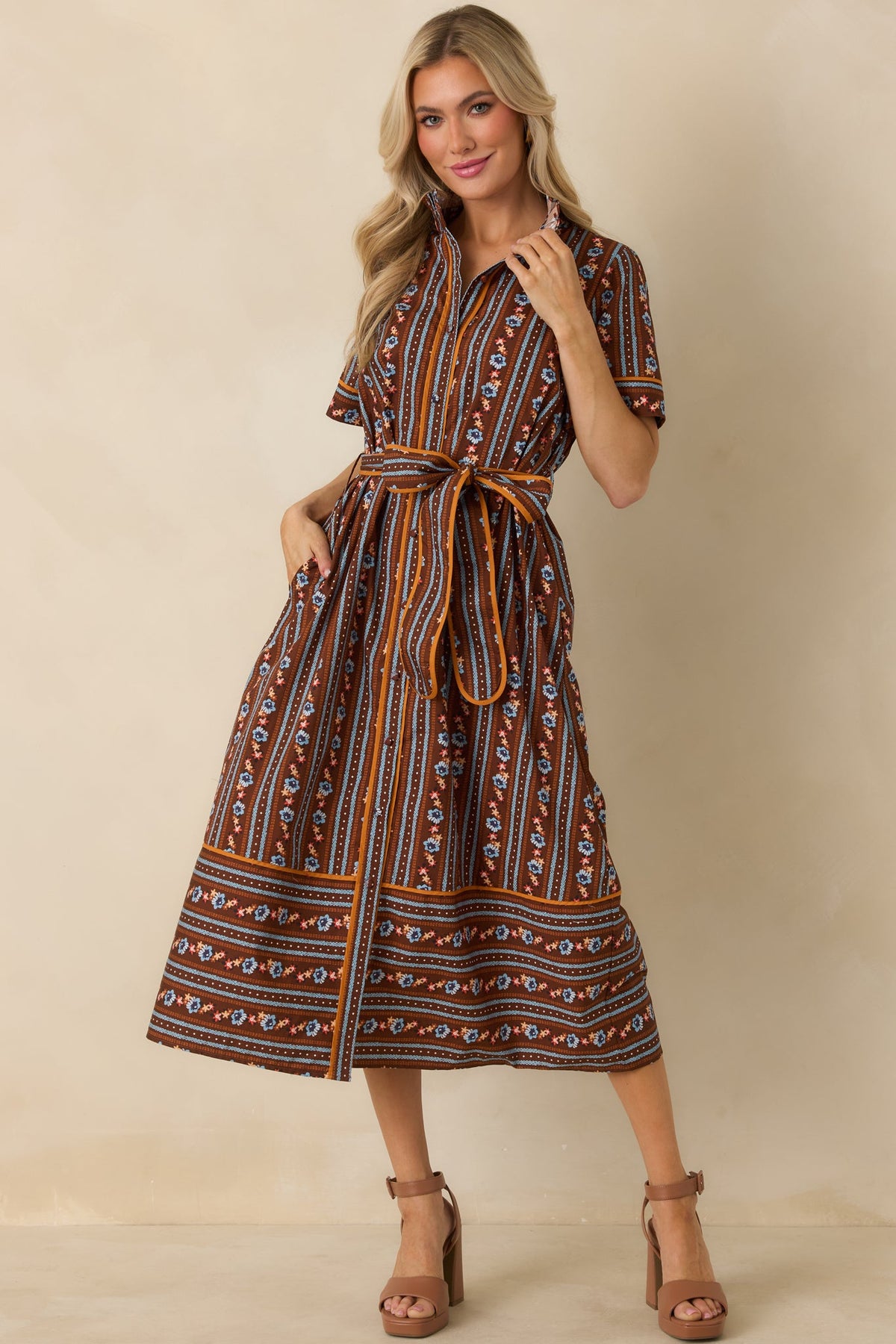 Prosperina Whitaker Brown Multi Floral Stripe Cotton Midi Dress